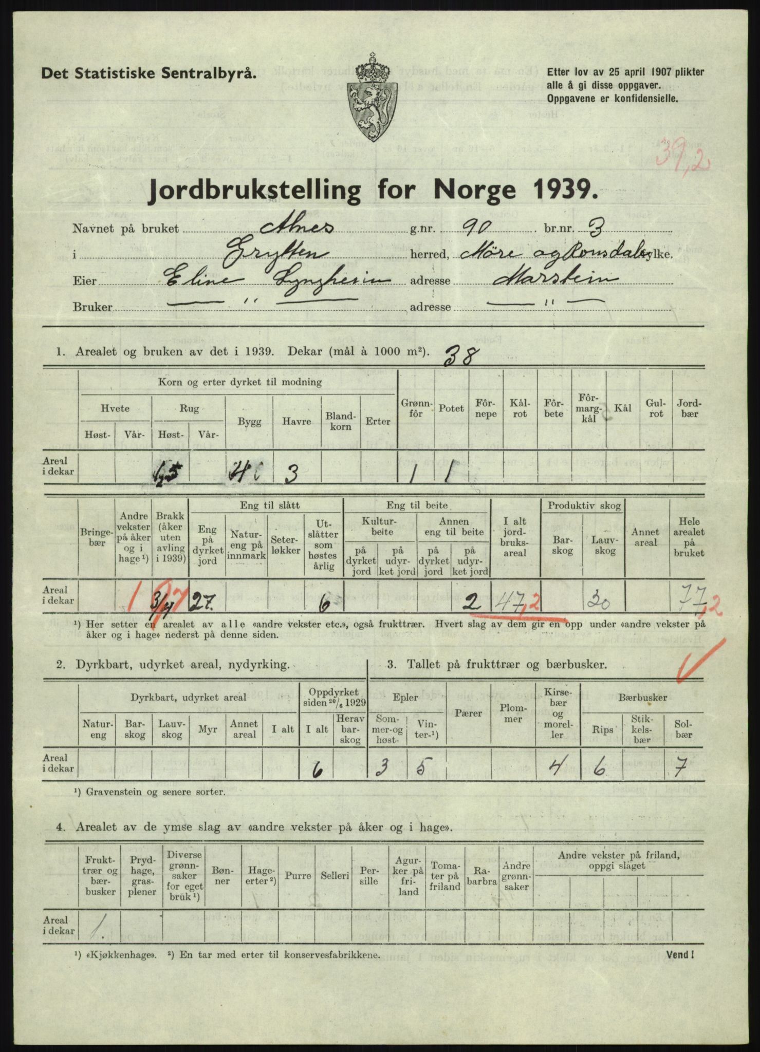 Statistisk sentralbyrå, Næringsøkonomiske emner, Jordbruk, skogbruk, jakt, fiske og fangst, AV/RA-S-2234/G/Gb/L0251: Møre og Romsdal: Voll, Eid, Grytten og Hen, 1939, s. 709