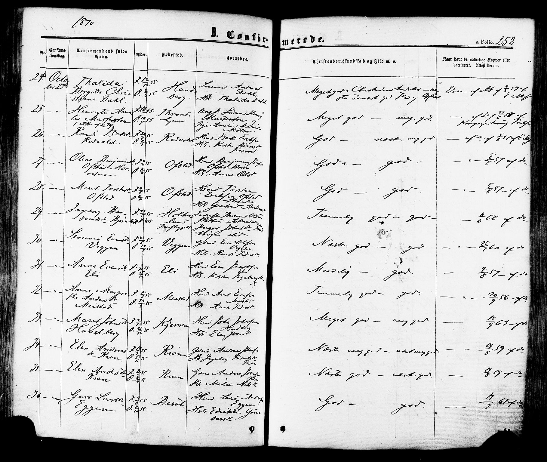 Ministerialprotokoller, klokkerbøker og fødselsregistre - Sør-Trøndelag, SAT/A-1456/665/L0772: Ministerialbok nr. 665A07, 1856-1878, s. 252