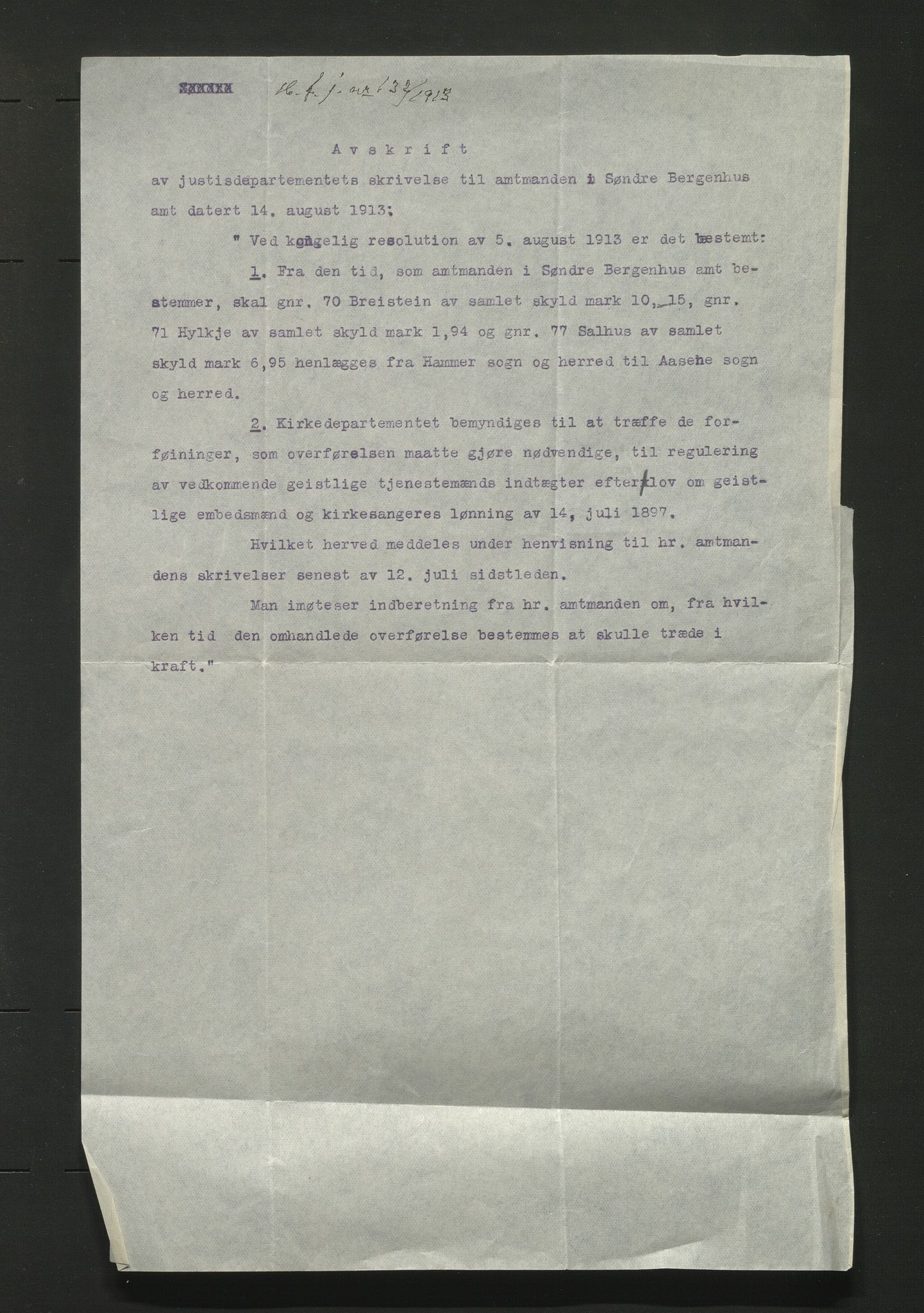 Hamre kommune. Formannskapet, IKAH/1254-021/D/Db/L0011/0001: Kommunedeling  / Gardane Salhus, Breistein og Hylkje til Åsane kommune , 1913