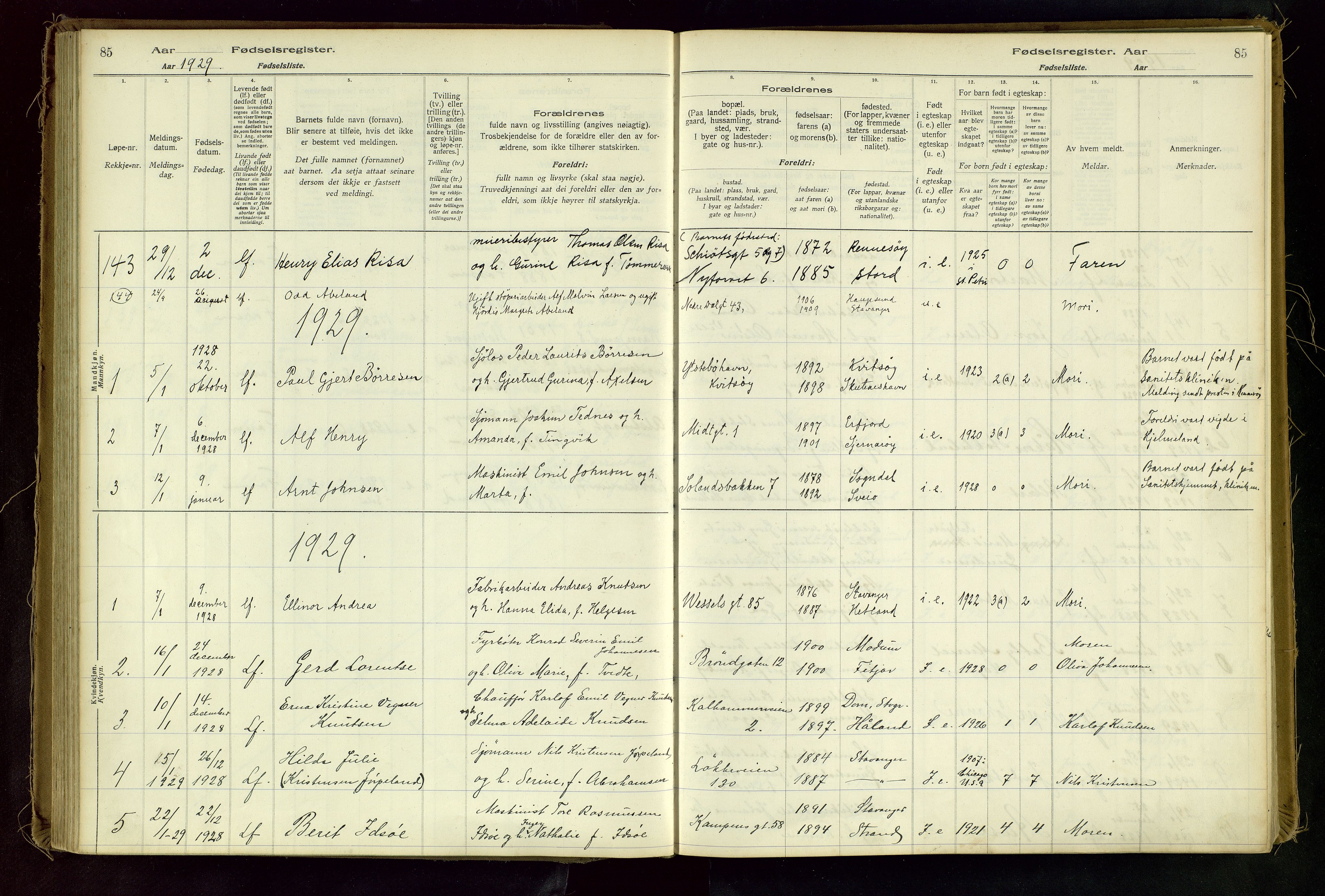 Domkirken sokneprestkontor, SAST/A-101812/002/A/L0001: Fødselsregister nr. 1, 1925-1932, s. 85