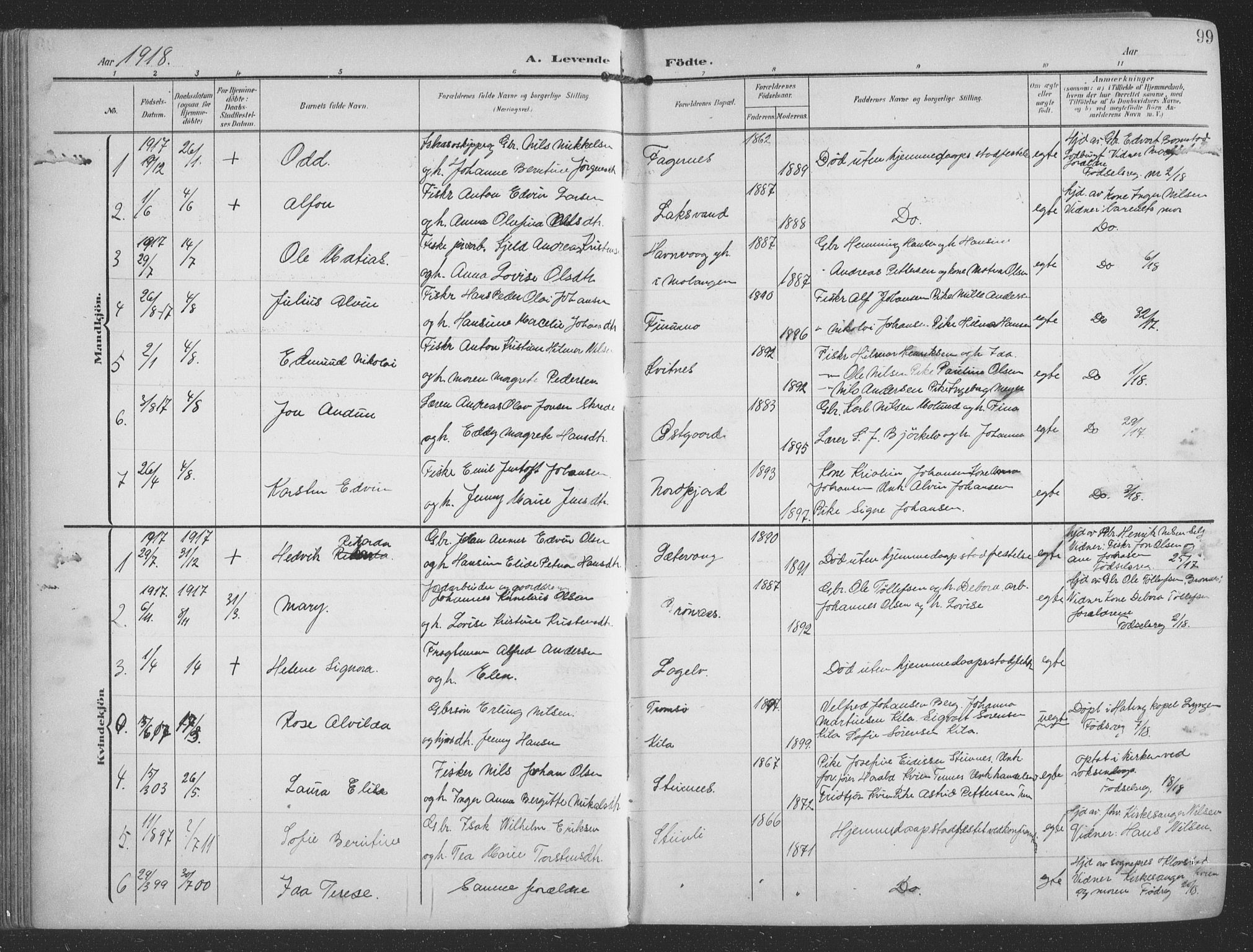 Balsfjord sokneprestembete, AV/SATØ-S-1303/G/Ga/L0009klokker: Klokkerbok nr. 9, 1906-1920, s. 99