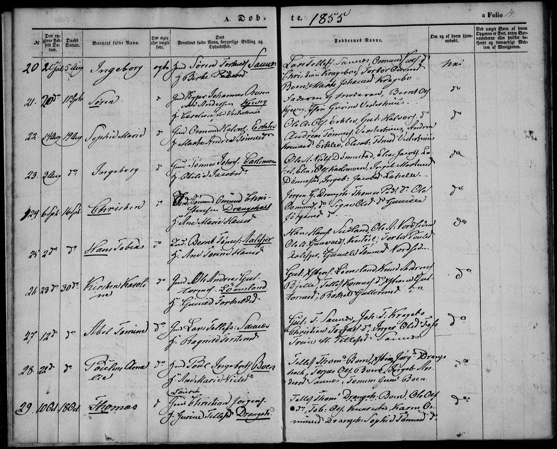 Tveit sokneprestkontor, AV/SAK-1111-0043/F/Fa/L0005: Ministerialbok nr. A 5, 1853-1871, s. 14