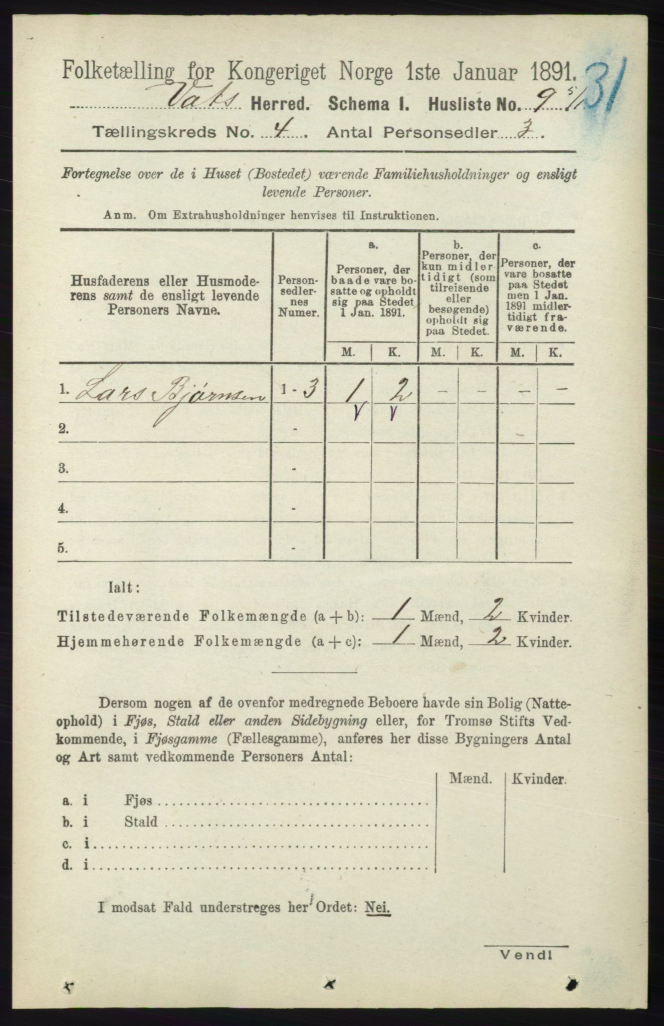 RA, Folketelling 1891 for 1155 Vats herred, 1891, s. 599