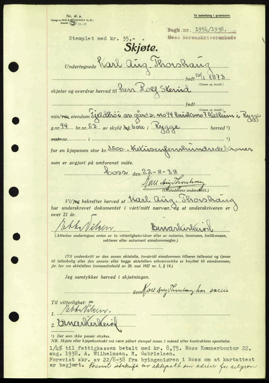 Moss sorenskriveri, SAO/A-10168: Pantebok nr. A4, 1938-1938, Dagboknr: 1954/1938