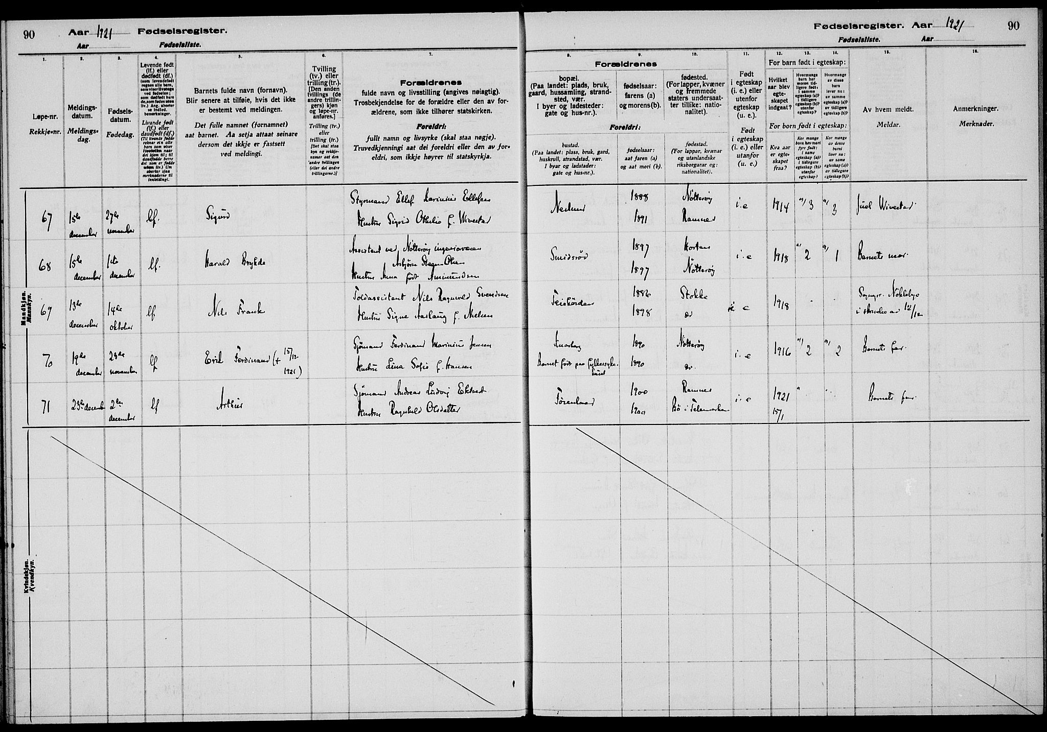 Nøtterøy kirkebøker, AV/SAKO-A-354/J/Ja/L0001: Fødselsregister nr. 1, 1916-1928, s. 90