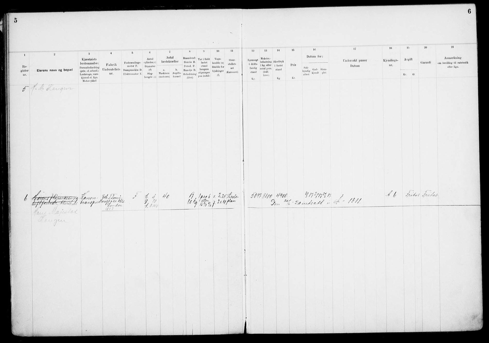 Vegdirektoratet, Bilavdelingen M, AV/RA-S-1663/F/Fa/L0002: Bilregisterprotokoll. Reg.nr. A1-A29 og A400-A902, 1913-1926, s. 5-6