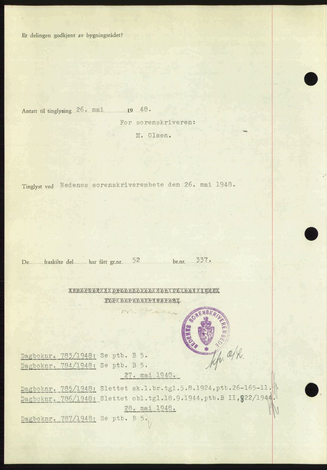 Nedenes sorenskriveri, SAK/1221-0006/G/Gb/Gba/L0059: Pantebok nr. A11, 1948-1948, Dagboknr: 782/1948