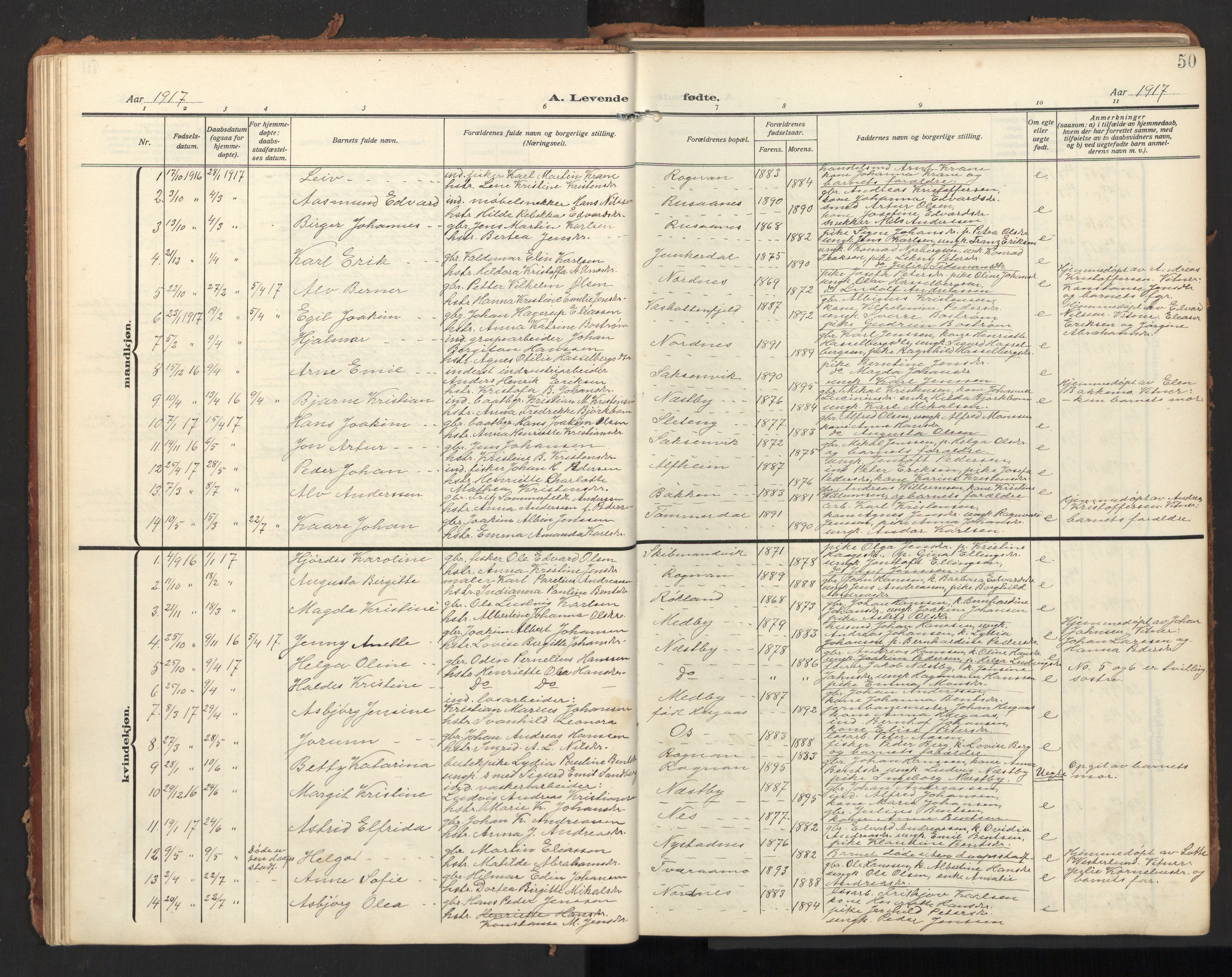 Ministerialprotokoller, klokkerbøker og fødselsregistre - Nordland, AV/SAT-A-1459/847/L0683: Klokkerbok nr. 847C11, 1908-1929, s. 50
