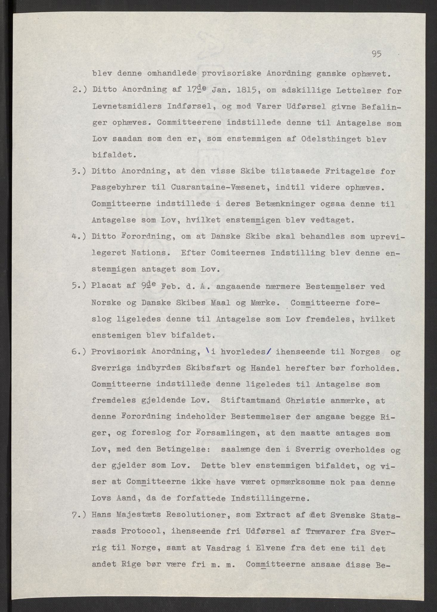 Manuskriptsamlingen, AV/RA-EA-3667/F/L0197: Wetlesen, Hans Jørgen (stortingsmann, ingeniørkaptein); Referat fra Stortinget 1815-1816, 1815-1816, s. 95