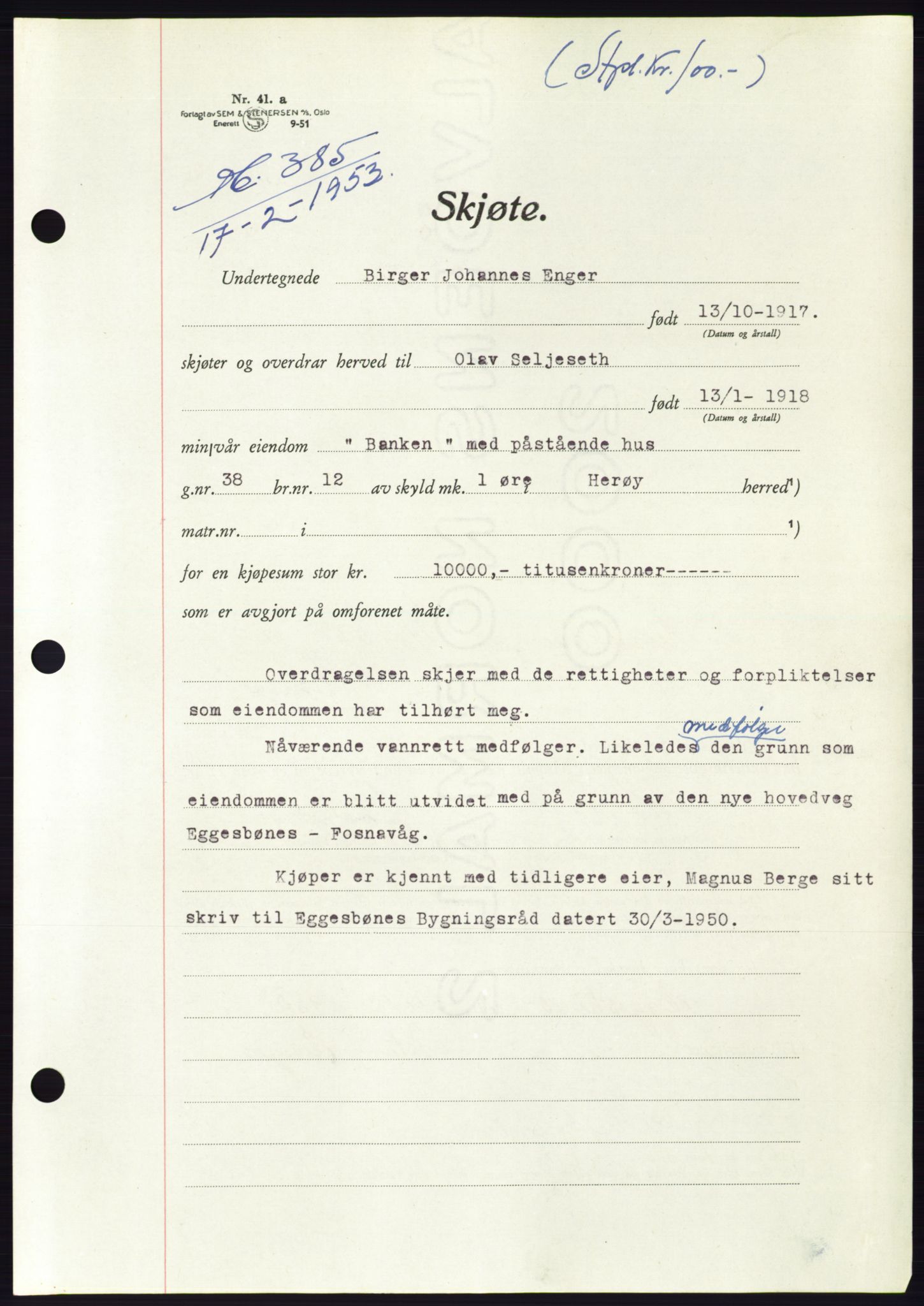 Søre Sunnmøre sorenskriveri, AV/SAT-A-4122/1/2/2C/L0094: Pantebok nr. 20A, 1953-1953, Dagboknr: 385/1953