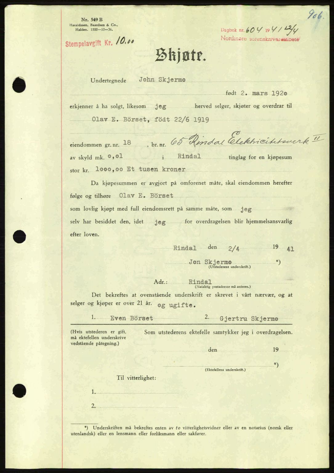 Nordmøre sorenskriveri, SAT/A-4132/1/2/2Ca: Pantebok nr. A89, 1940-1941, Dagboknr: 604/1941