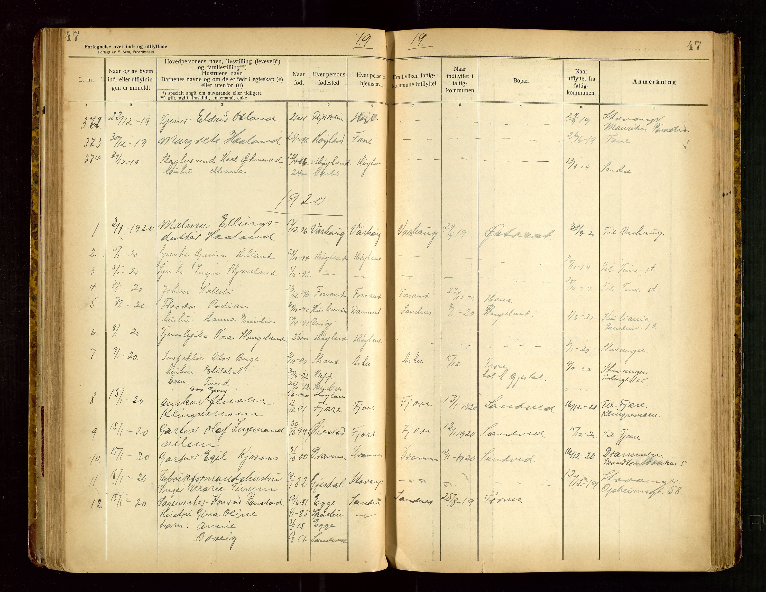 Høyland/Sandnes lensmannskontor, SAST/A-100166/Gwa/L0003: "Fortegnelse over ind- og udflyttede i Høilands fattigkommune" med alfabetisk navneregister, 1917-1926, s. 47