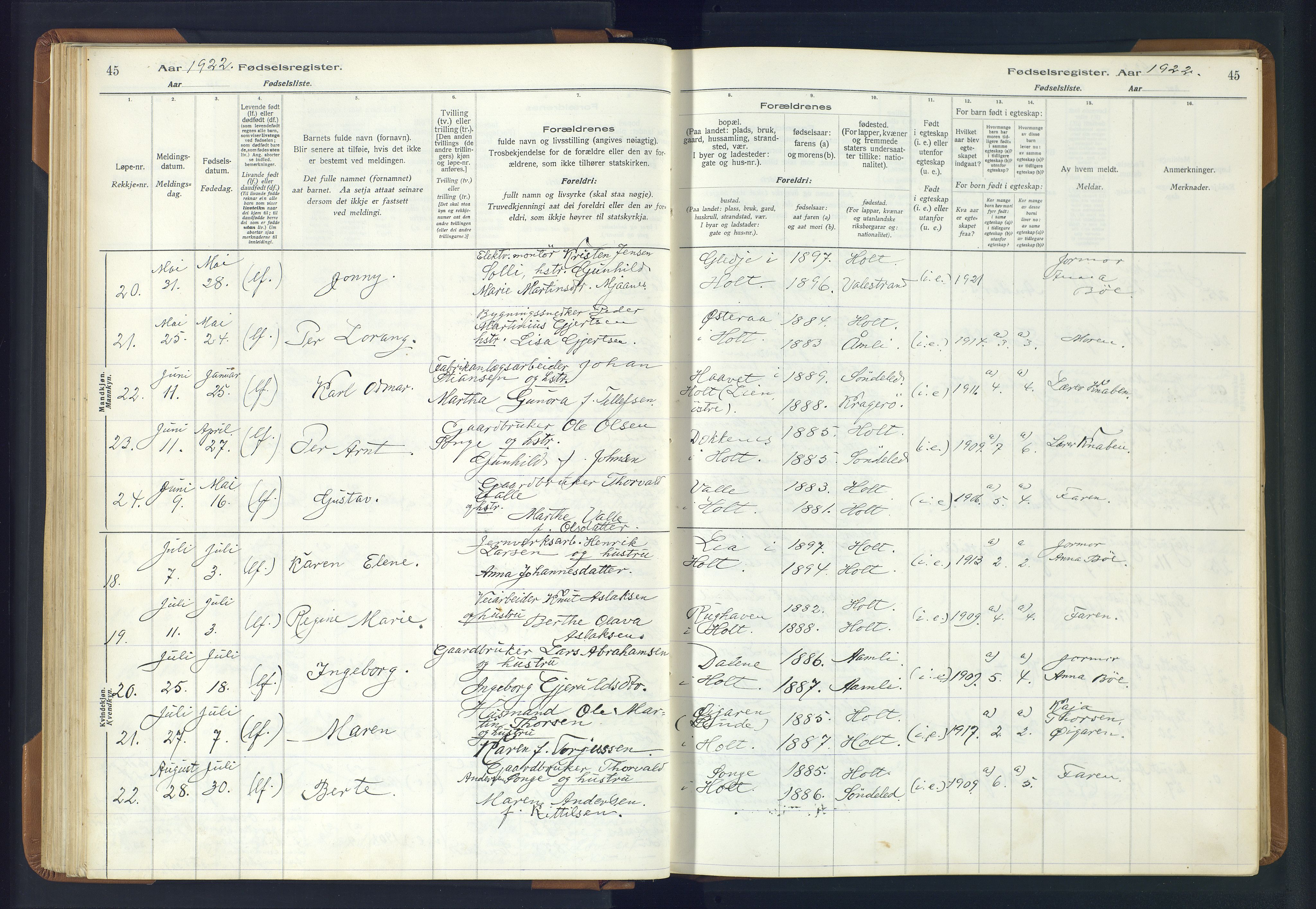 Holt sokneprestkontor, AV/SAK-1111-0021/J/Ja/L0001: Fødselsregister nr. II.4.1, 1916-1946, s. 45