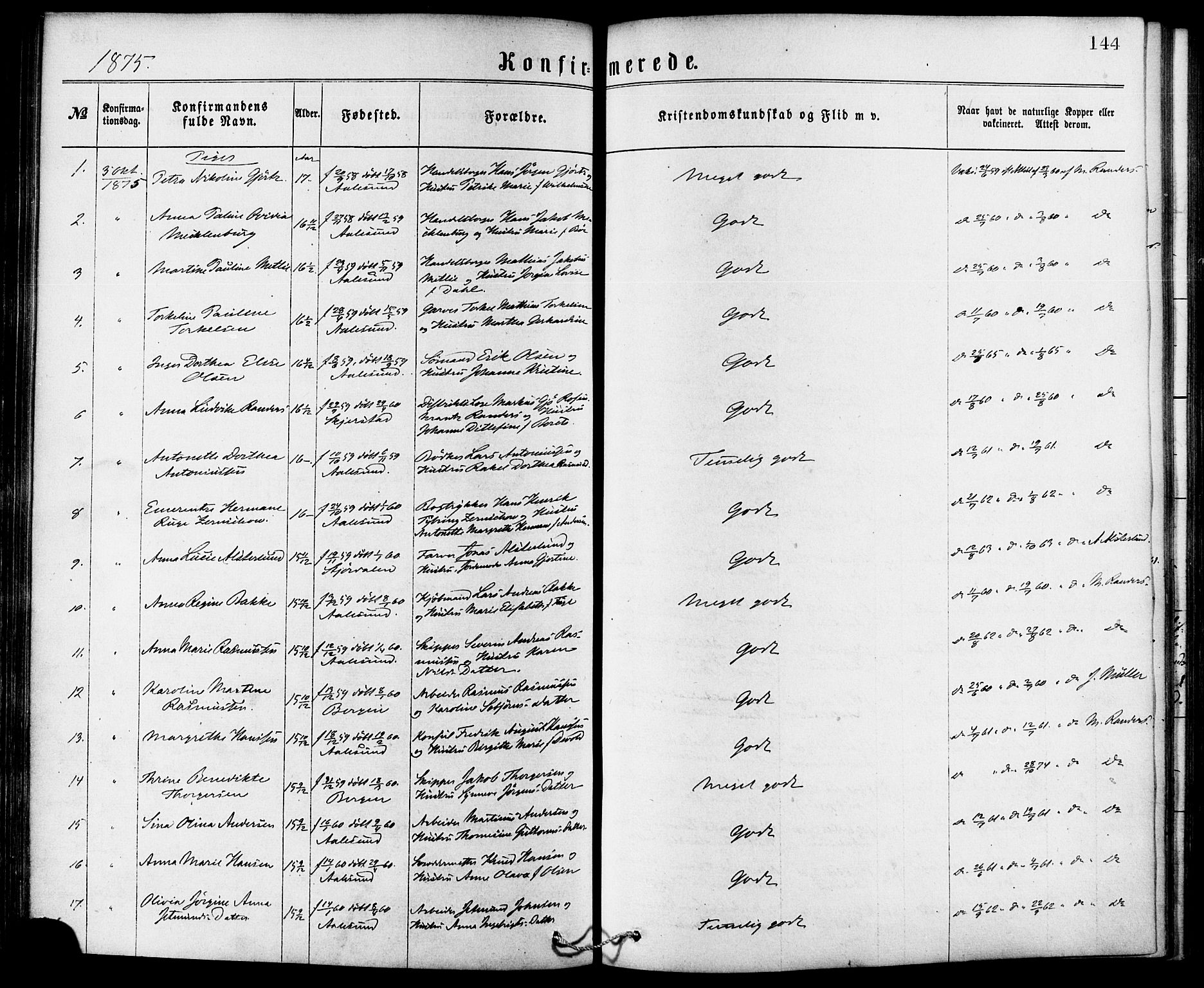 Ministerialprotokoller, klokkerbøker og fødselsregistre - Møre og Romsdal, AV/SAT-A-1454/529/L0453: Ministerialbok nr. 529A03, 1872-1877, s. 144