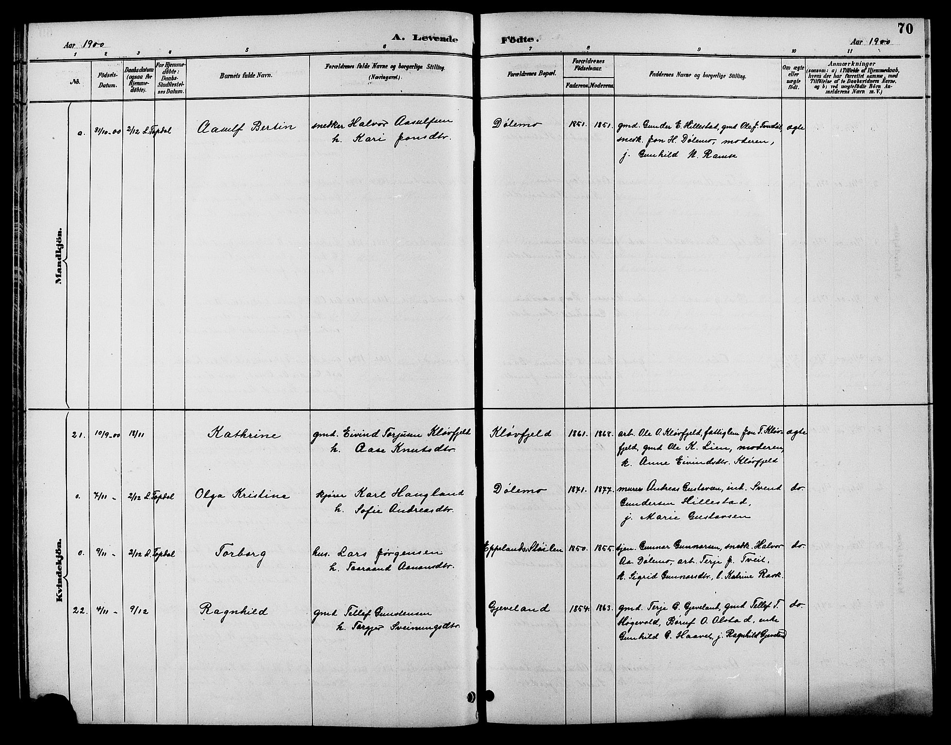 Åmli sokneprestkontor, SAK/1111-0050/F/Fb/Fbc/L0004: Klokkerbok nr. B 4, 1889-1902, s. 70