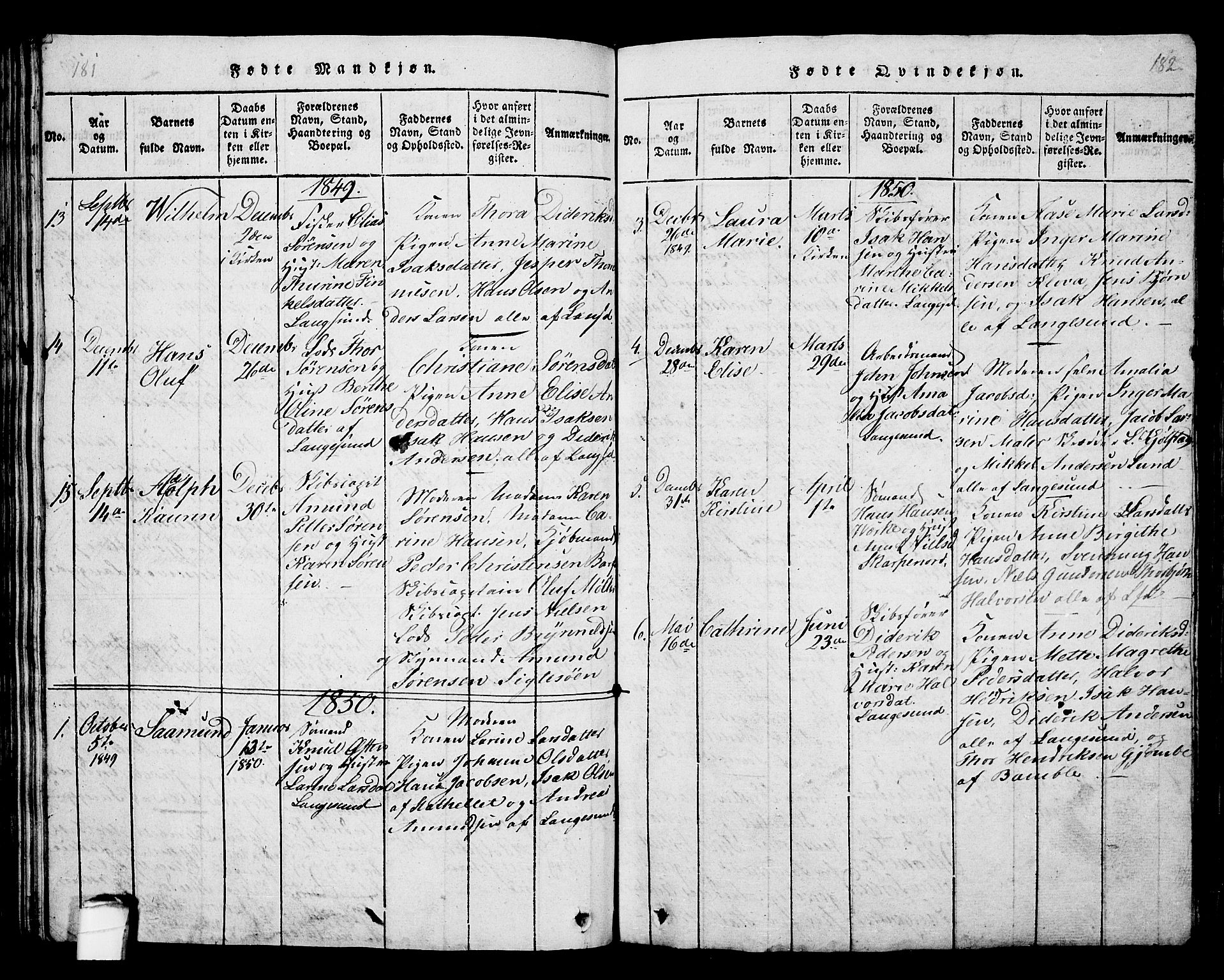 Langesund kirkebøker, AV/SAKO-A-280/G/Ga/L0003: Klokkerbok nr. 3, 1815-1858, s. 181-182