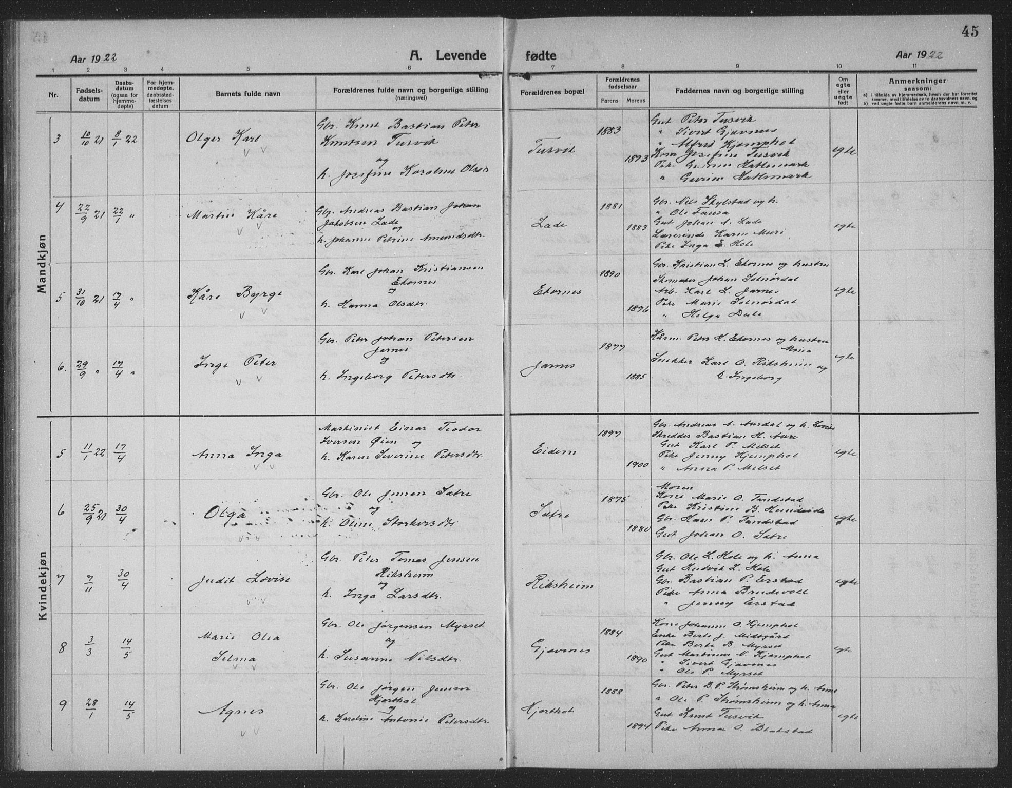 Ministerialprotokoller, klokkerbøker og fødselsregistre - Møre og Romsdal, AV/SAT-A-1454/523/L0342: Klokkerbok nr. 523C05, 1916-1937, s. 45