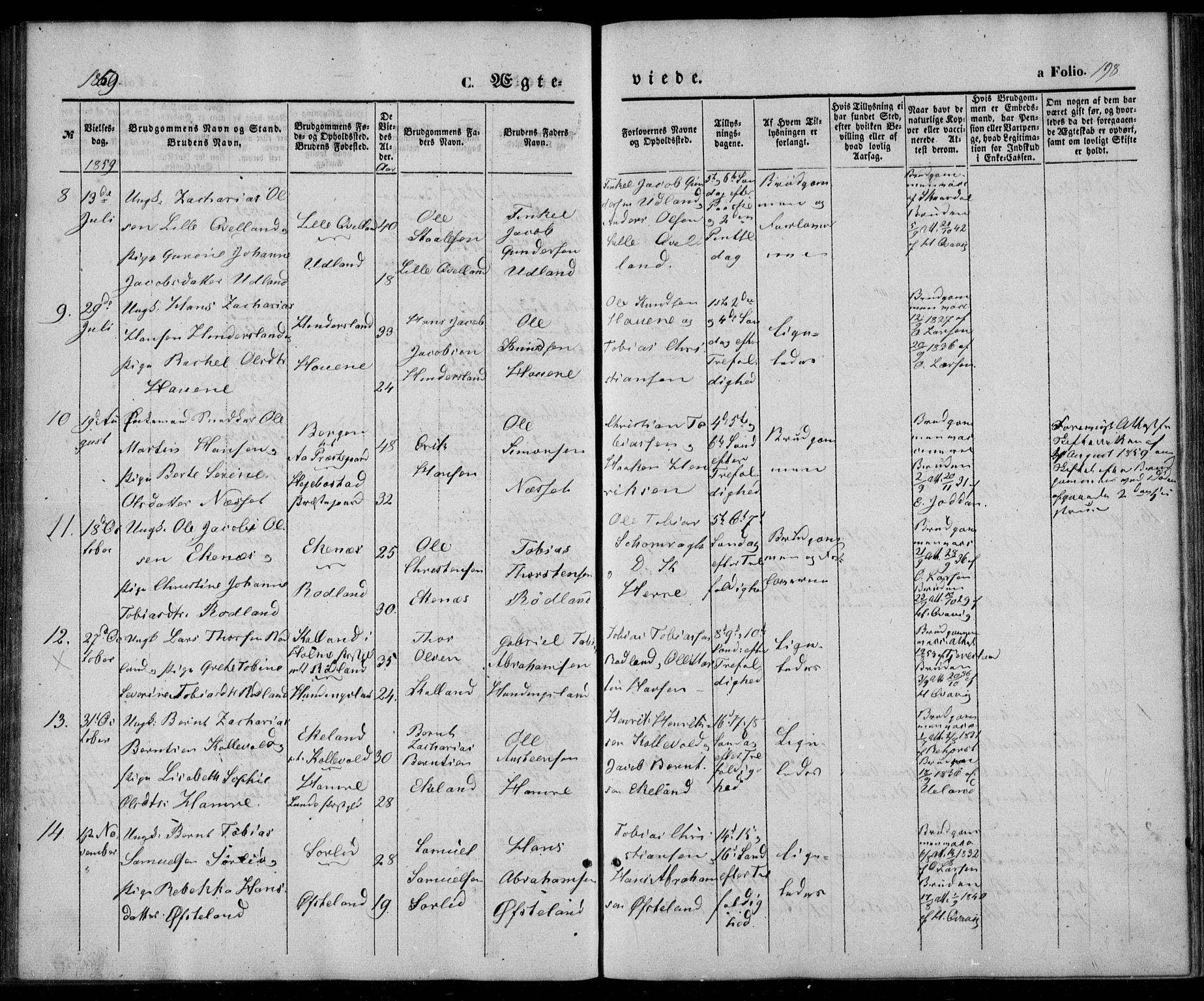 Lyngdal sokneprestkontor, AV/SAK-1111-0029/F/Fa/Fac/L0009: Ministerialbok nr. A 9, 1852-1864, s. 198