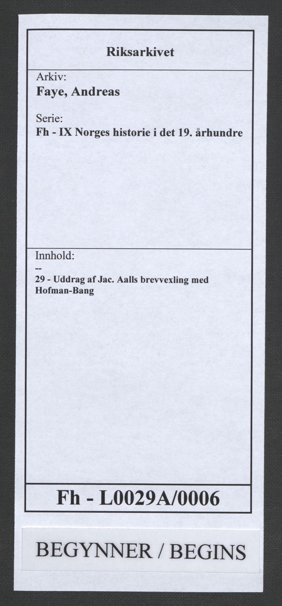 Faye, Andreas, RA/PA-0015/F/Fh/L0029A/0006: -- / Uddrag af Jac. Aalls brevvexling med Hofman-Bang, s. 1