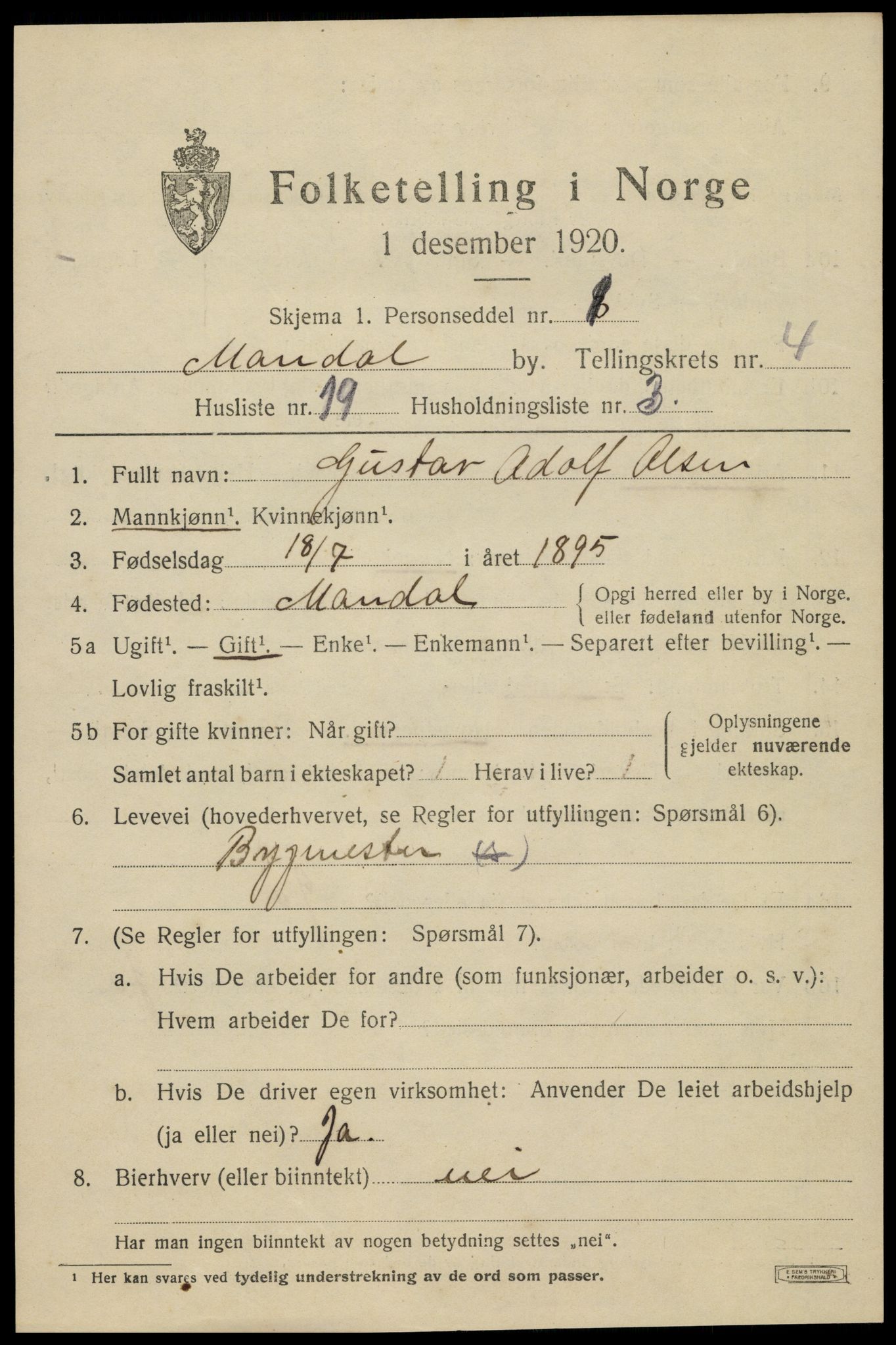 SAK, Folketelling 1920 for 1002 Mandal ladested, 1920, s. 7225
