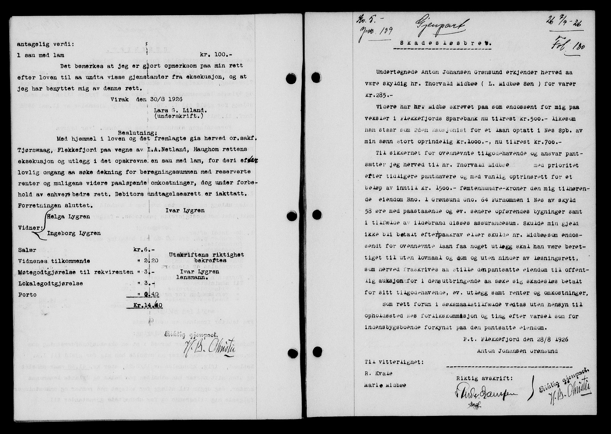 Flekkefjord sorenskriveri, AV/SAK-1221-0001/G/Gb/Gba/L0043: Pantebok nr. 41, 1926-1927, Tingl.dato: 07.09.1926