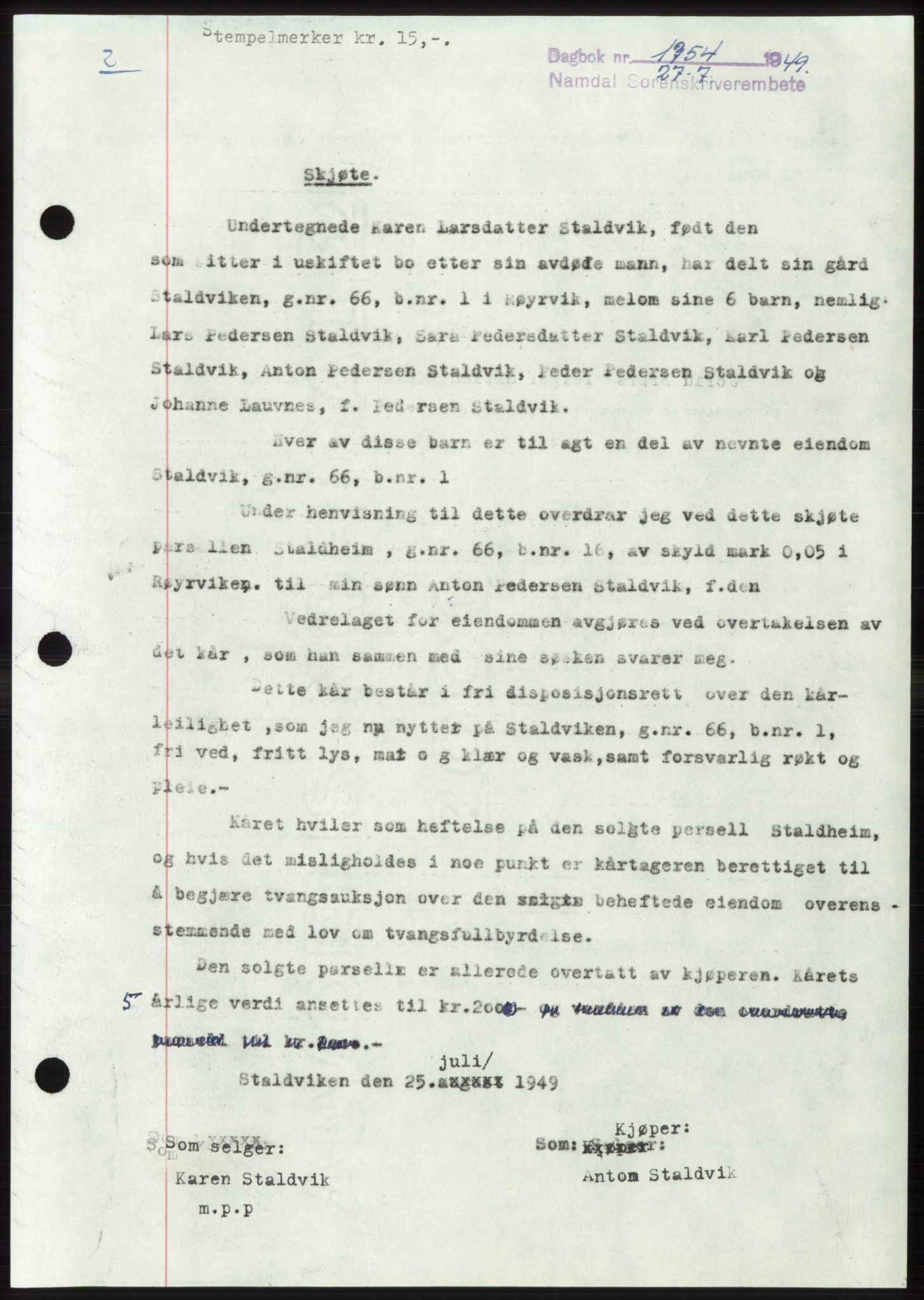Namdal sorenskriveri, SAT/A-4133/1/2/2C: Pantebok nr. -, 1949-1949, Dagboknr: 1754/1949