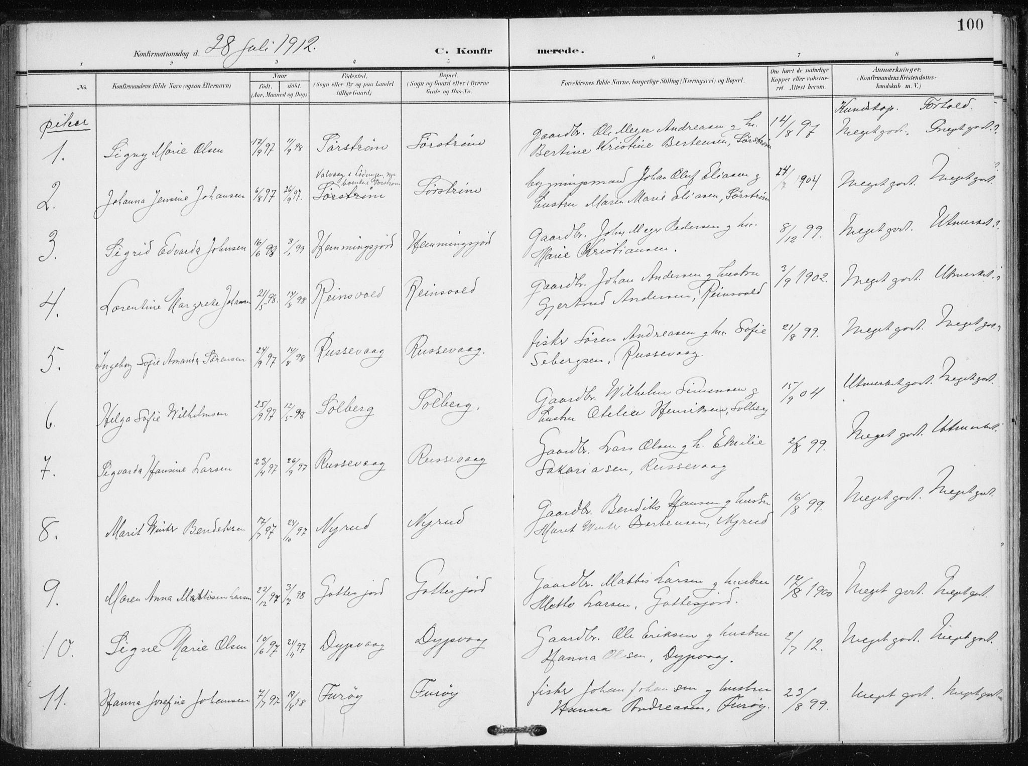 Tranøy sokneprestkontor, AV/SATØ-S-1313/I/Ia/Iaa/L0012kirke: Ministerialbok nr. 12, 1905-1918, s. 100