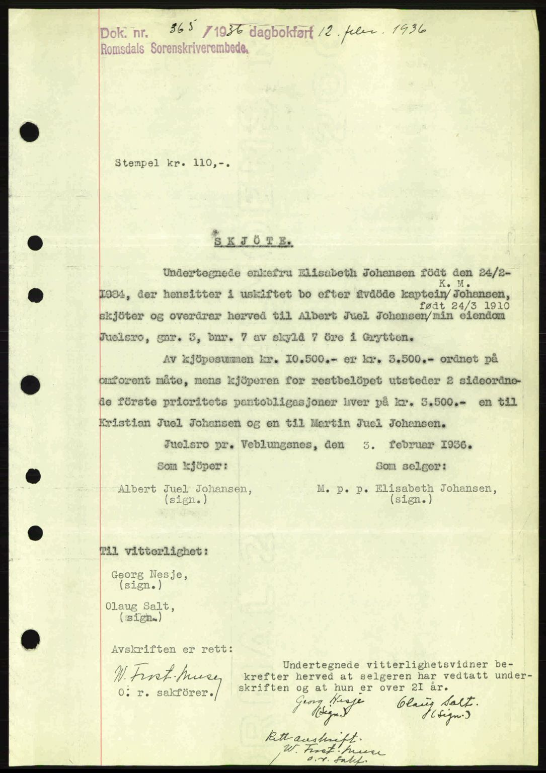 Romsdal sorenskriveri, SAT/A-4149/1/2/2C: Pantebok nr. A1, 1936-1936, Dagboknr: 365/1936