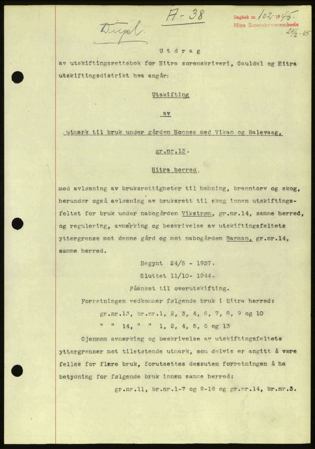 Hitra sorenskriveri, AV/SAT-A-0018/2/2C/2Ca: Pantebok nr. A2, 1943-1945, Dagboknr: 102/1945