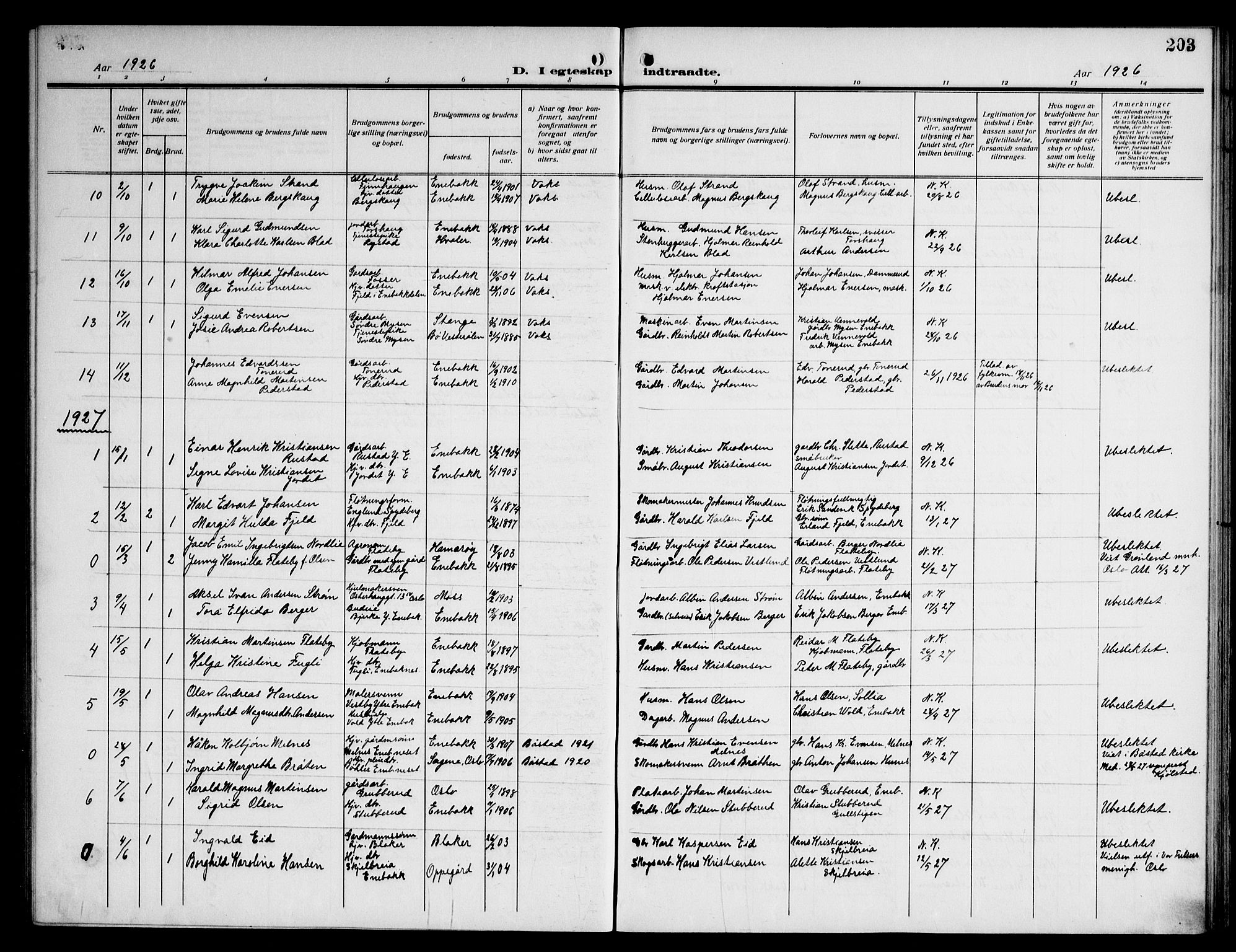 Enebakk prestekontor Kirkebøker, AV/SAO-A-10171c/G/Ga/L0007: Klokkerbok nr. I 7, 1911-1949, s. 203