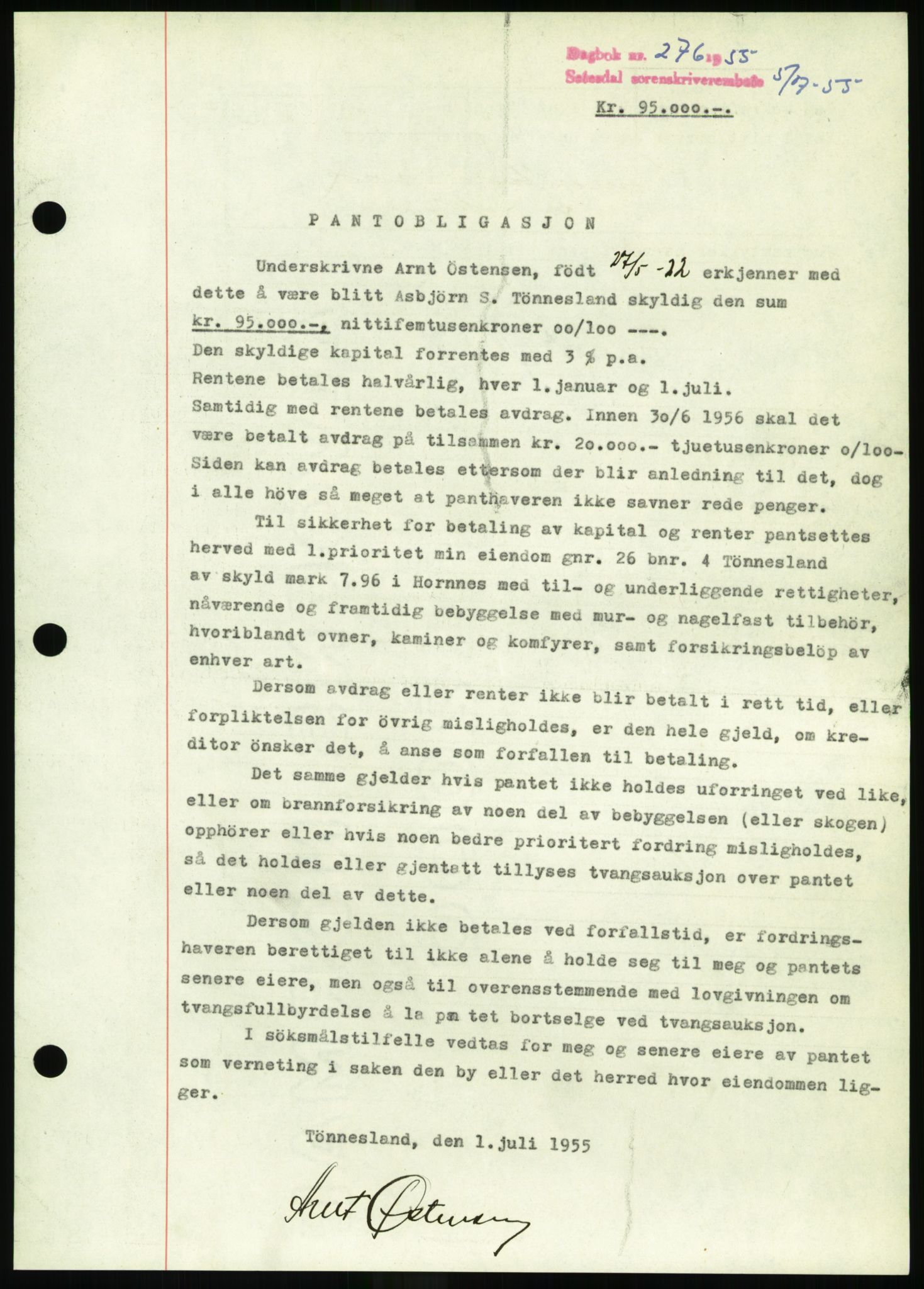 Setesdal sorenskriveri, SAK/1221-0011/G/Gb/L0052: Pantebok nr. B 40, 1954-1955, Dagboknr: 276/1955