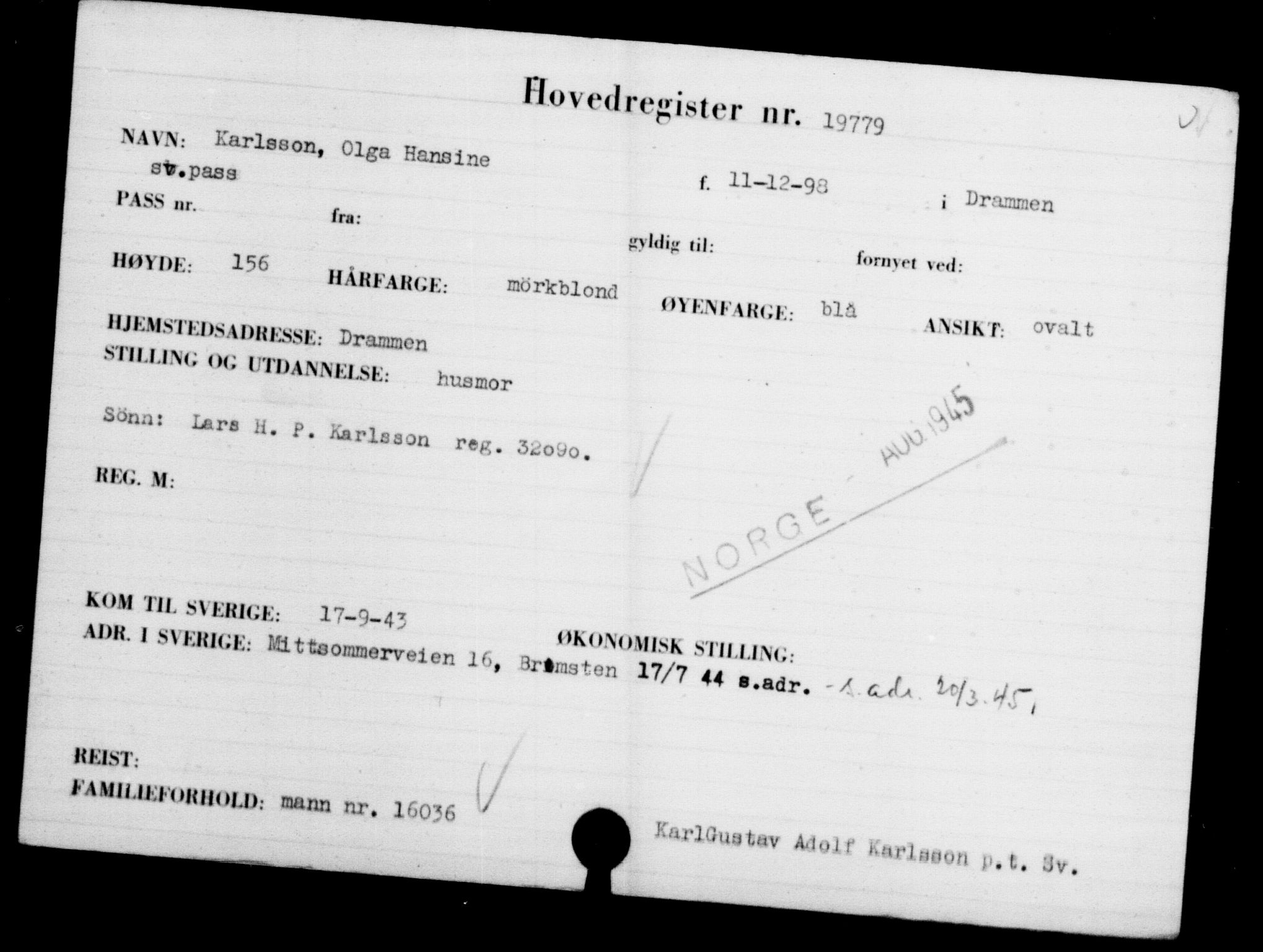 Utenriksstasjonene, Legasjonen i Stockholm, Flyktningkontoret, AV/RA-S-6753/V/Va/L0009: Kjesäterkartoteket, flyktninger med registreringsnr. 18502-22048, 1940-1945, s. 1434