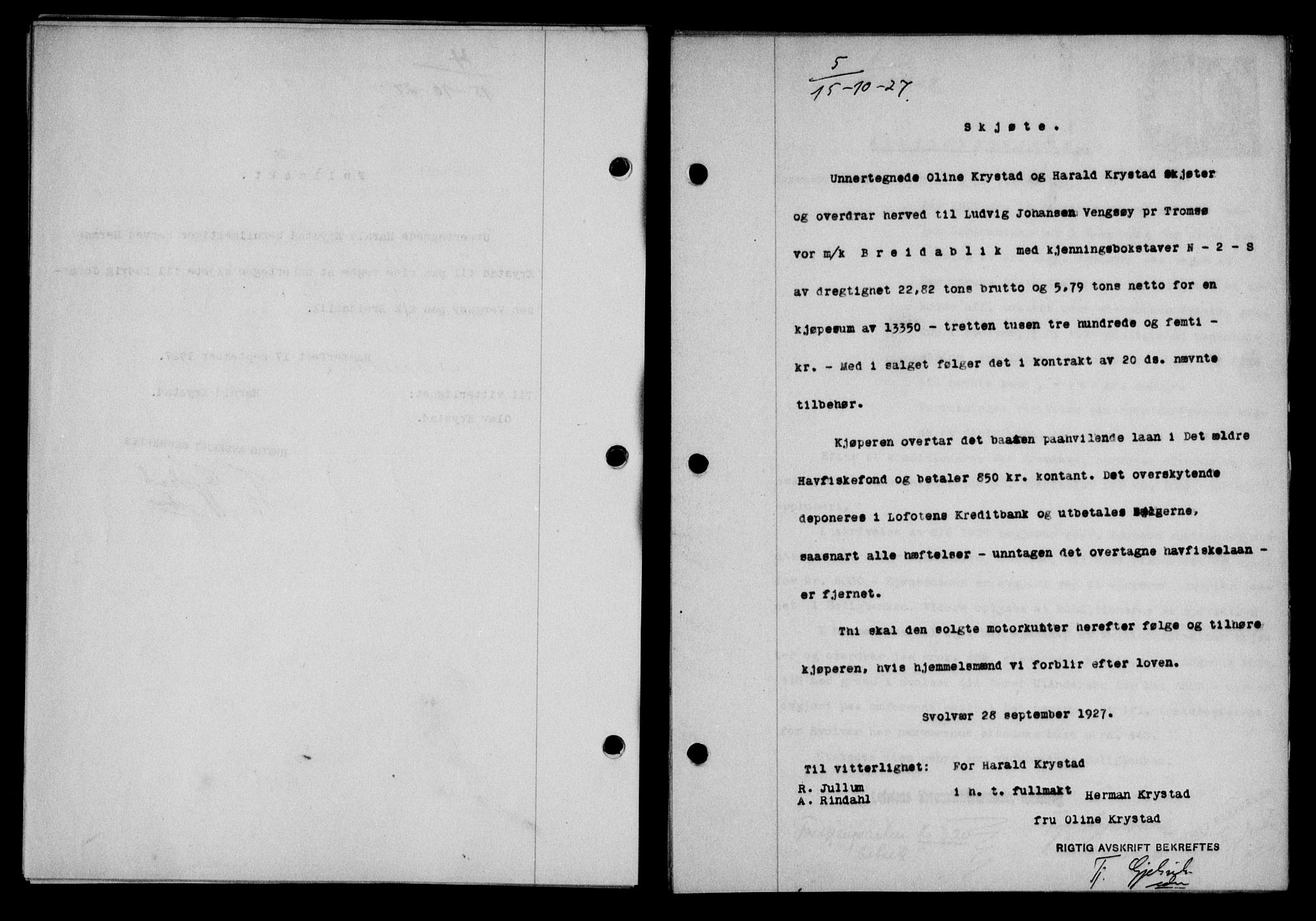 Lofoten sorenskriveri, SAT/A-0017/1/2/2C/L0016b: Pantebok nr. 16b, 1927-1927, Tingl.dato: 15.10.1927