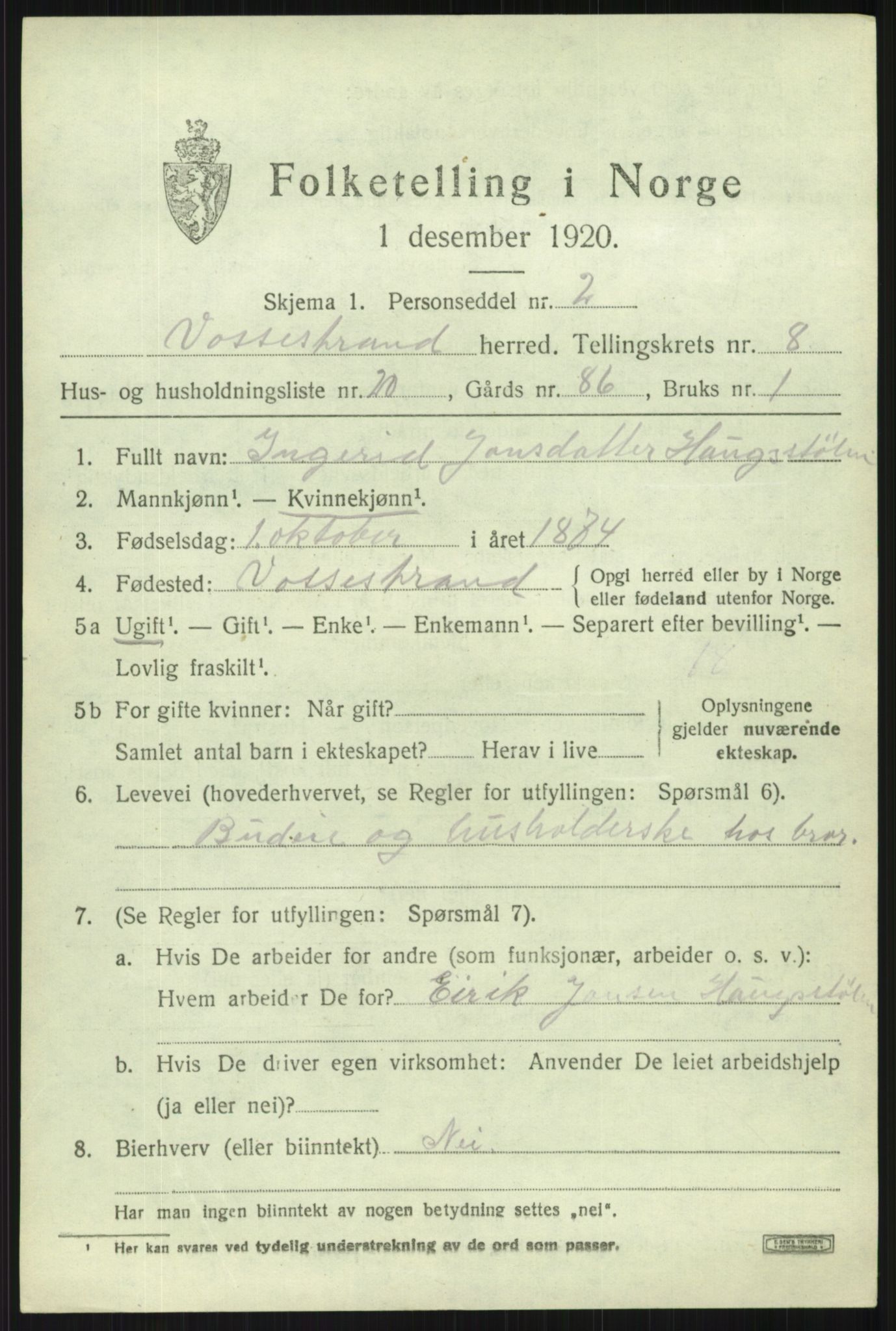 SAB, Folketelling 1920 for 1236 Vossestrand herred, 1920, s. 3892