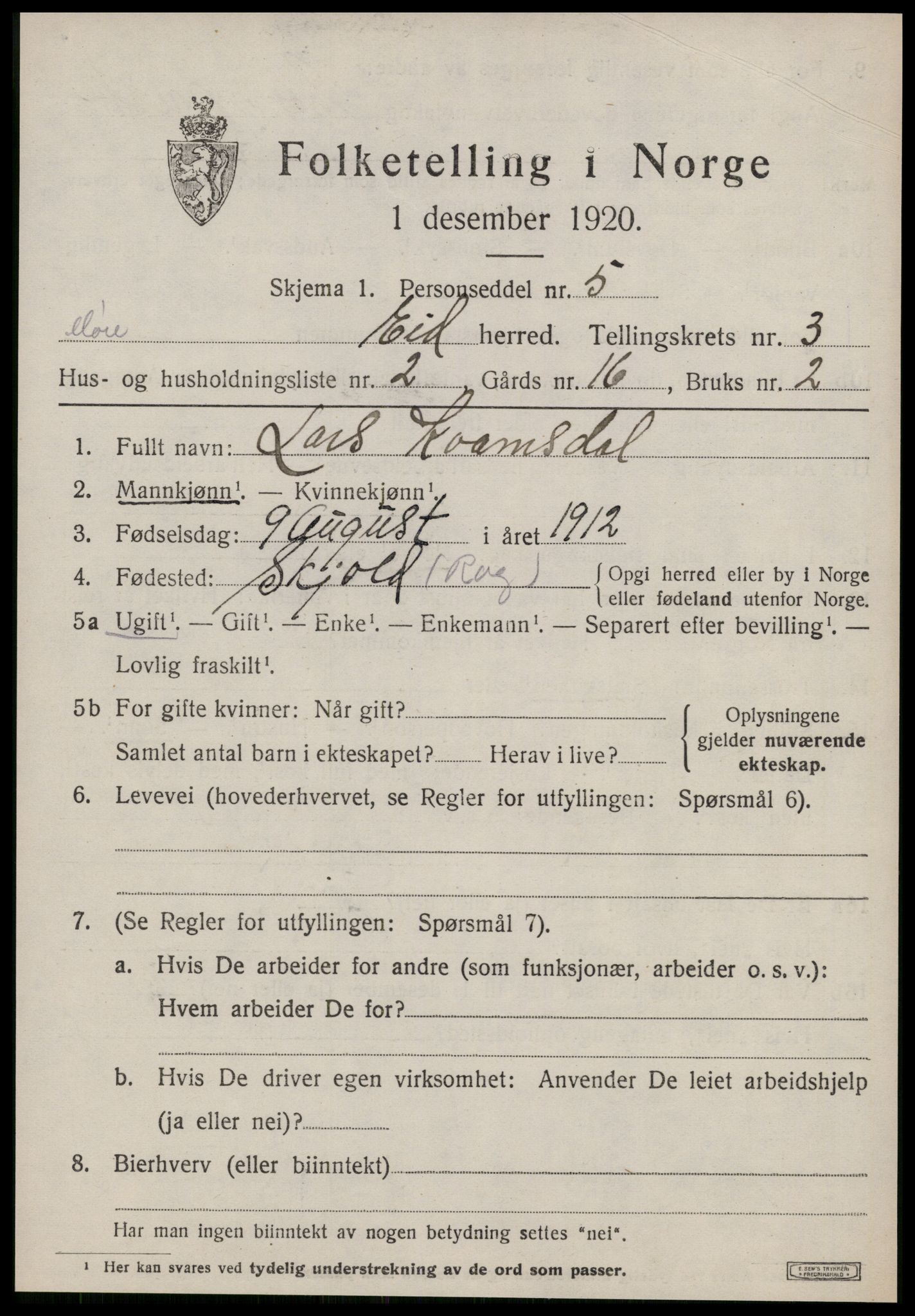 SAT, Folketelling 1920 for 1538 Eid herred, 1920, s. 743