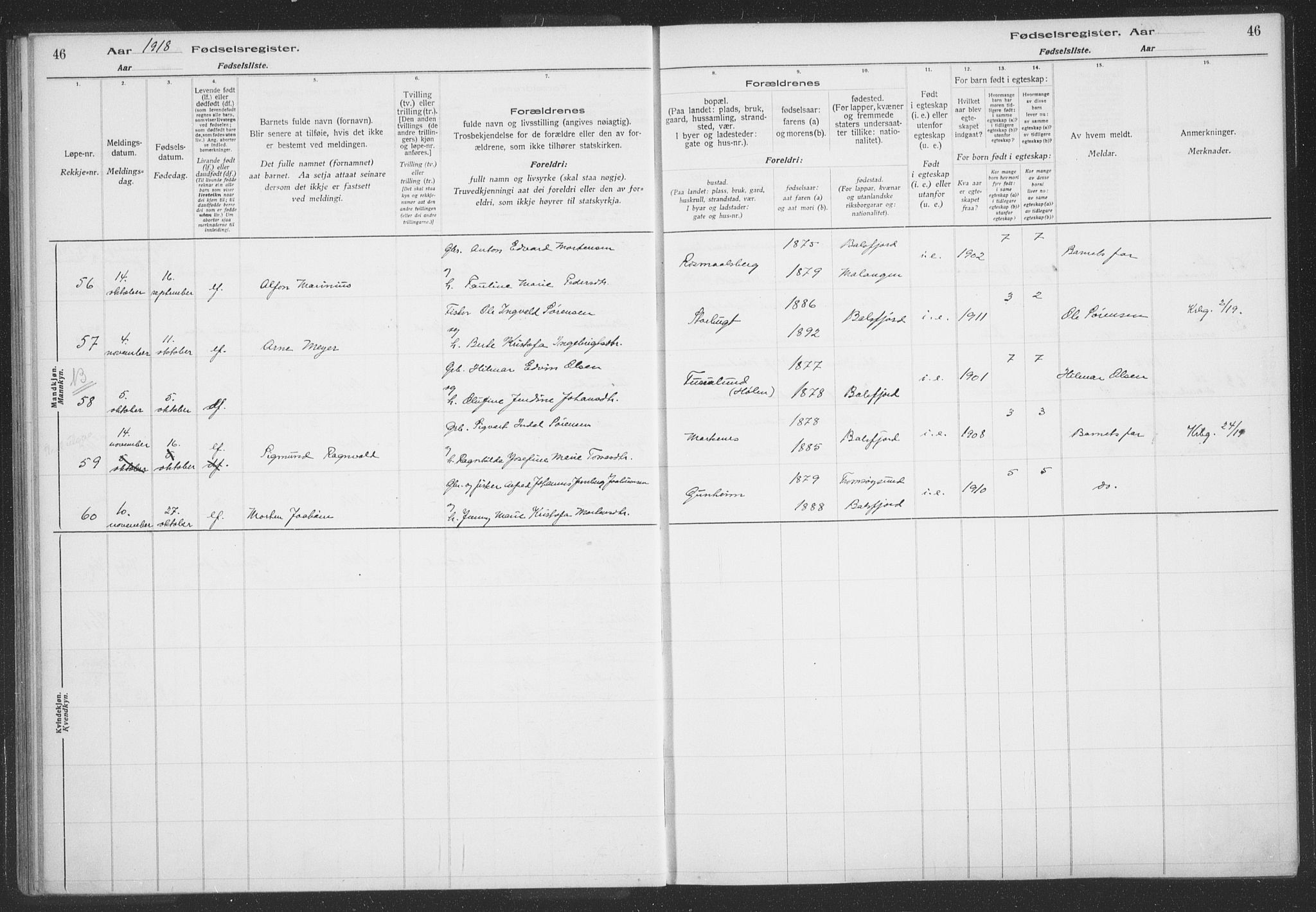 Balsfjord sokneprestembete, AV/SATØ-S-1303/H/Hb/L0059: Fødselsregister nr. 59, 1916-1930, s. 46