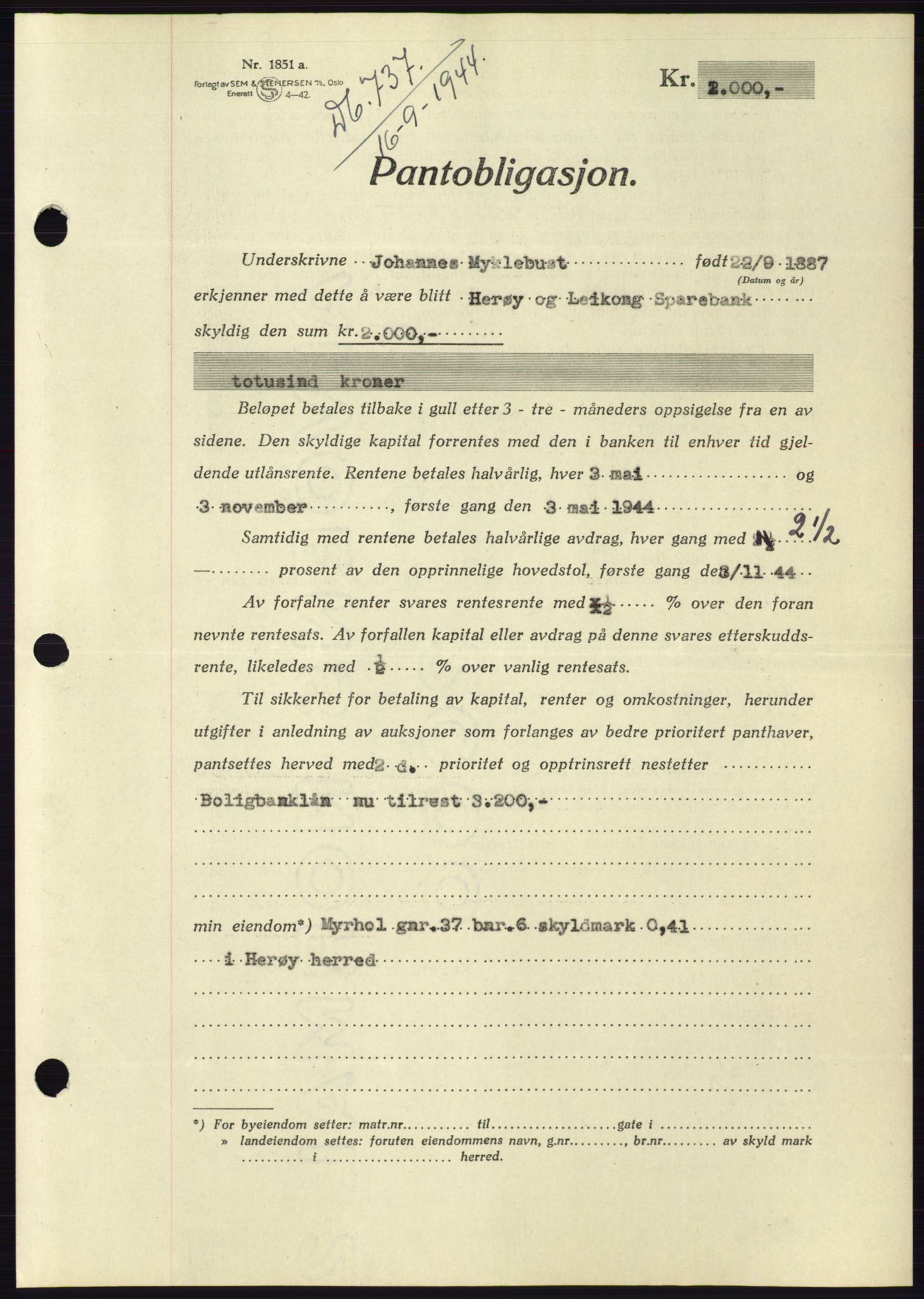 Søre Sunnmøre sorenskriveri, AV/SAT-A-4122/1/2/2C/L0114: Pantebok nr. 1-2B, 1943-1947, Dagboknr: 737/1944