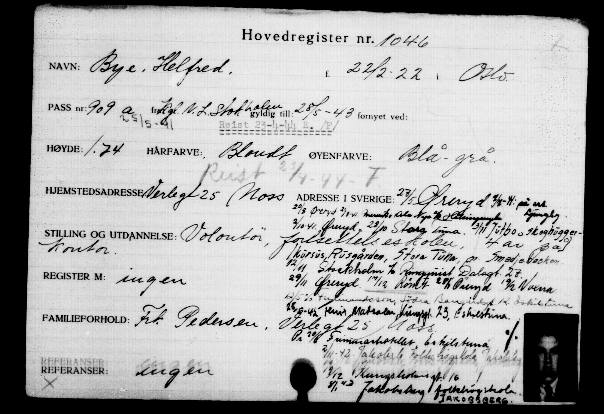 Utenriksstasjonene, Legasjonen i Stockholm, Flyktningkontoret, AV/RA-S-6753/V/Va/L0002: Kjesäterkartoteket, flyktninger med registreringsnr. 1001-2000, 1940-1945, s. 76