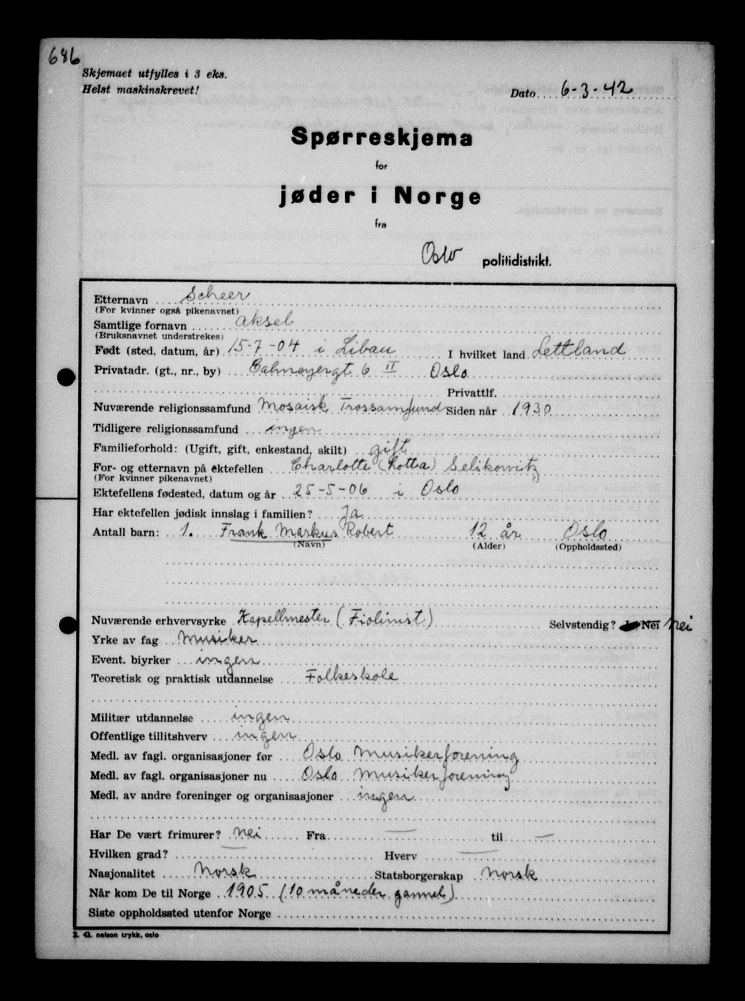 Statspolitiet - Hovedkontoret / Osloavdelingen, AV/RA-S-1329/G/Ga/L0011: Spørreskjema for jøder i Norge. 1: Oslo 610-806 (Plavnik-Zwillinger). 2: Aker 1-113 (Adler-Lewin). , 1942, s. 227