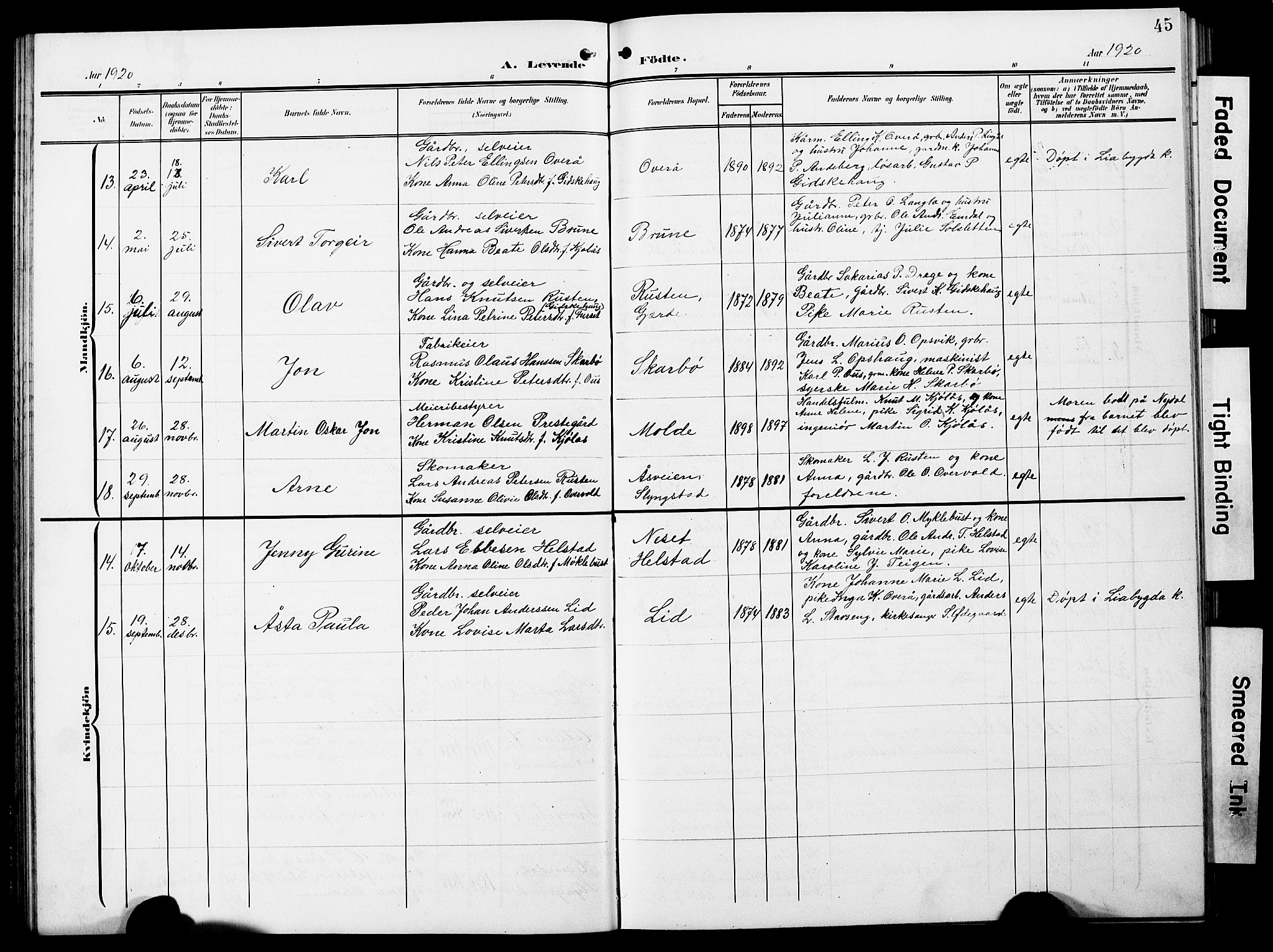 Ministerialprotokoller, klokkerbøker og fødselsregistre - Møre og Romsdal, SAT/A-1454/520/L0293: Klokkerbok nr. 520C05, 1902-1923, s. 45