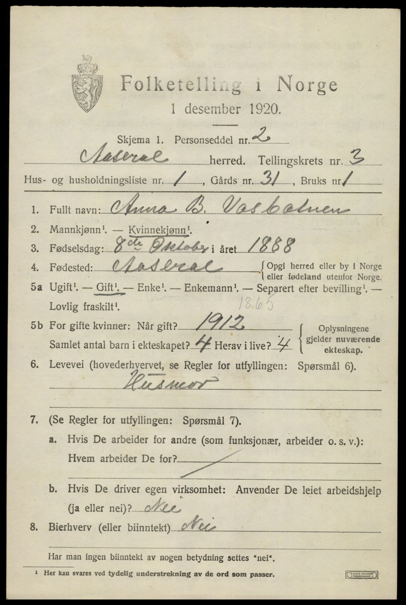 SAK, Folketelling 1920 for 1026 Åseral herred, 1920, s. 998