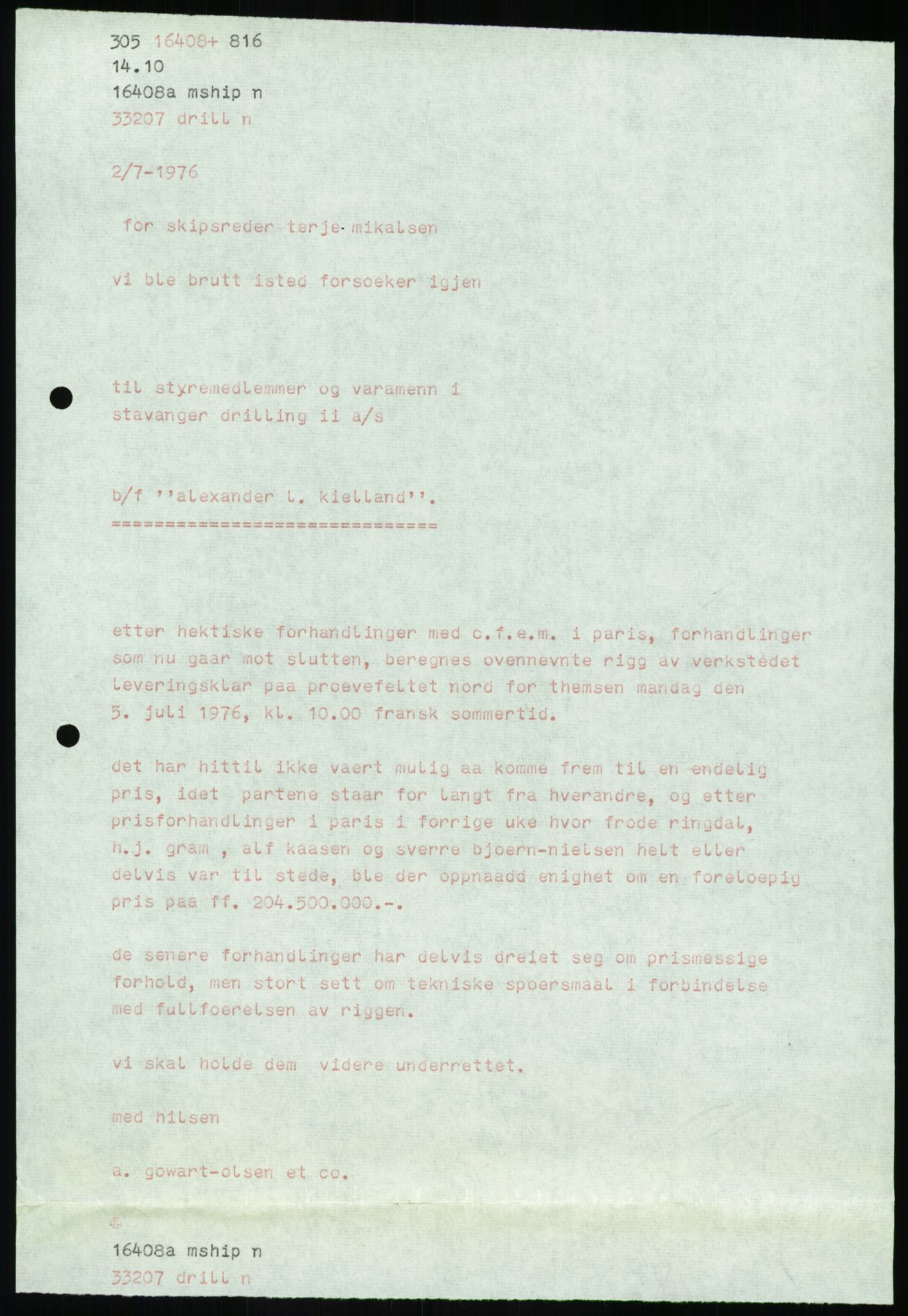 Pa 1503 - Stavanger Drilling AS, AV/SAST-A-101906/A/Ab/Abc/L0006: Styrekorrespondanse Stavanger Drilling II A/S, 1974-1977, s. 179