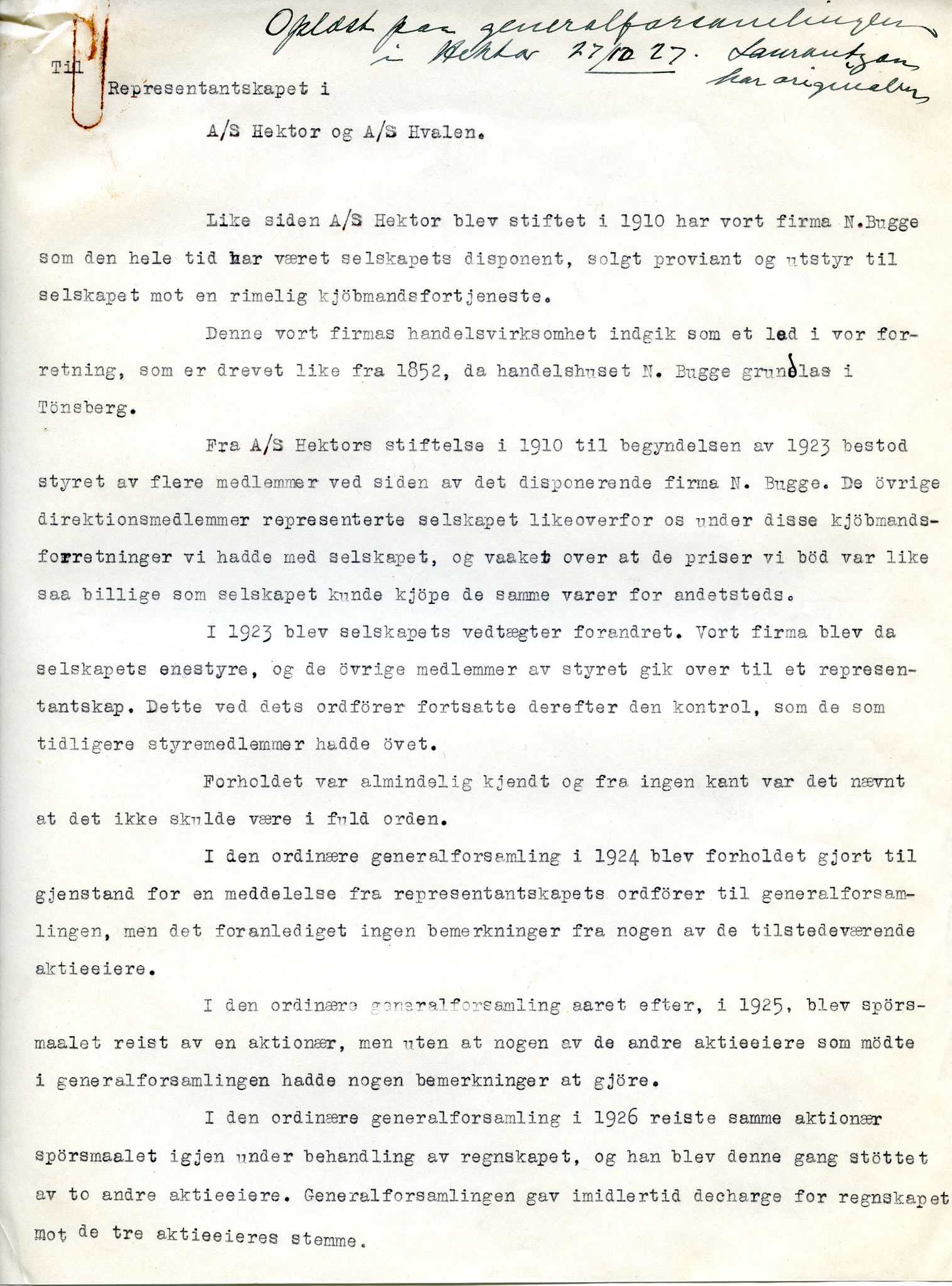 Pa 508 - AS Hektor, VEMU/A-1582/A/Ac/L0002: Saksdokumenter og bilag til styrende organer, 1916-1927