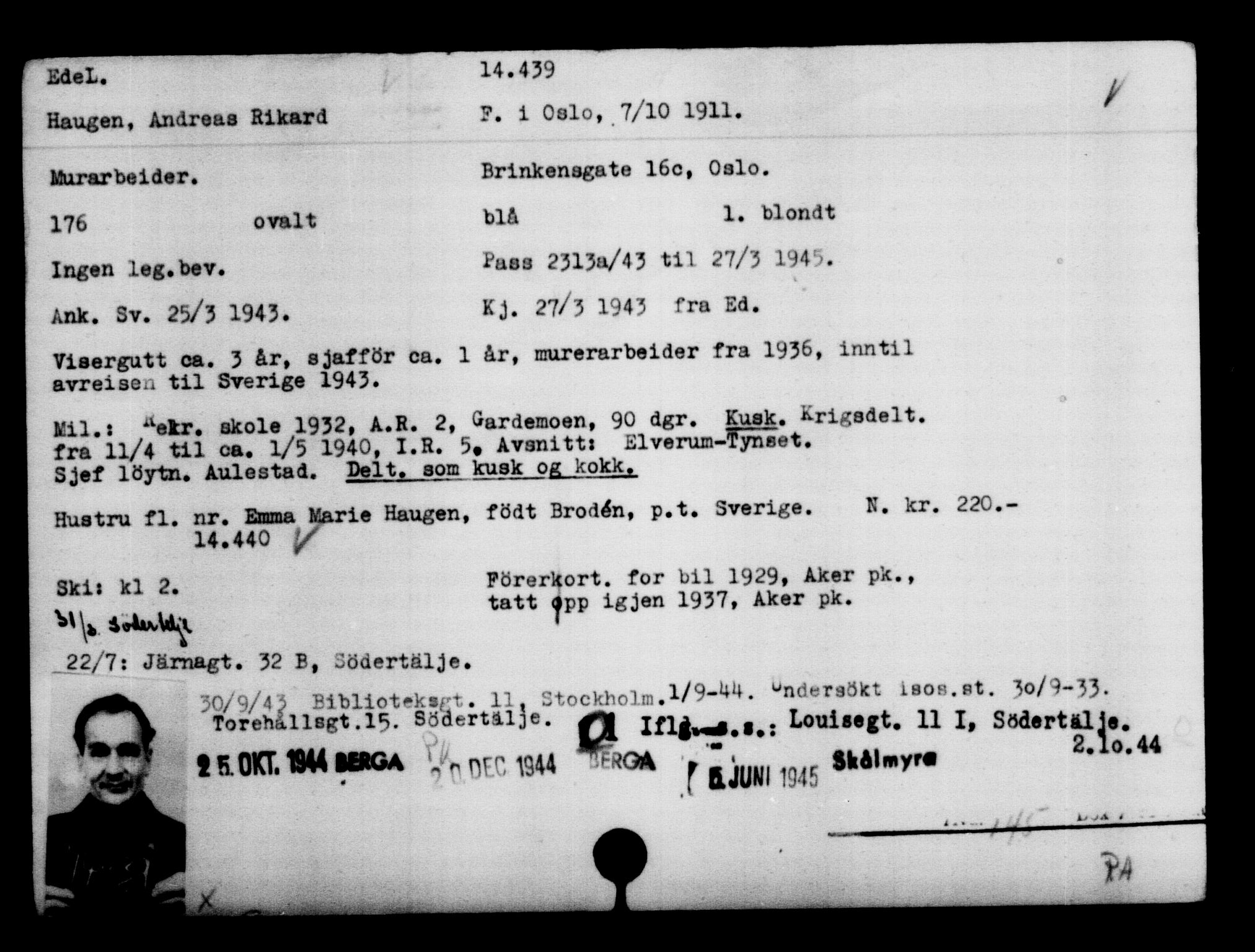 Utenriksstasjonene, Legasjonen i Stockholm, Flyktningkontoret, AV/RA-S-6753/V/Va/L0007: Kjesäterkartoteket, flyktninger med registreringsnr. 12700-15723, 1940-1945, s. 2009