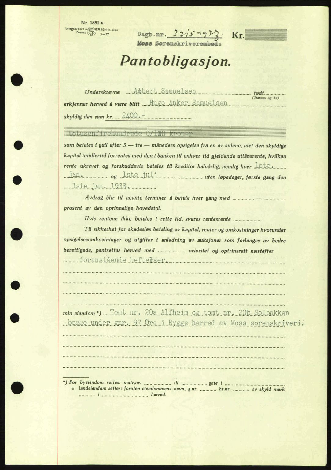 Moss sorenskriveri, SAO/A-10168: Pantebok nr. B4, 1937-1938, Dagboknr: 2215/1937