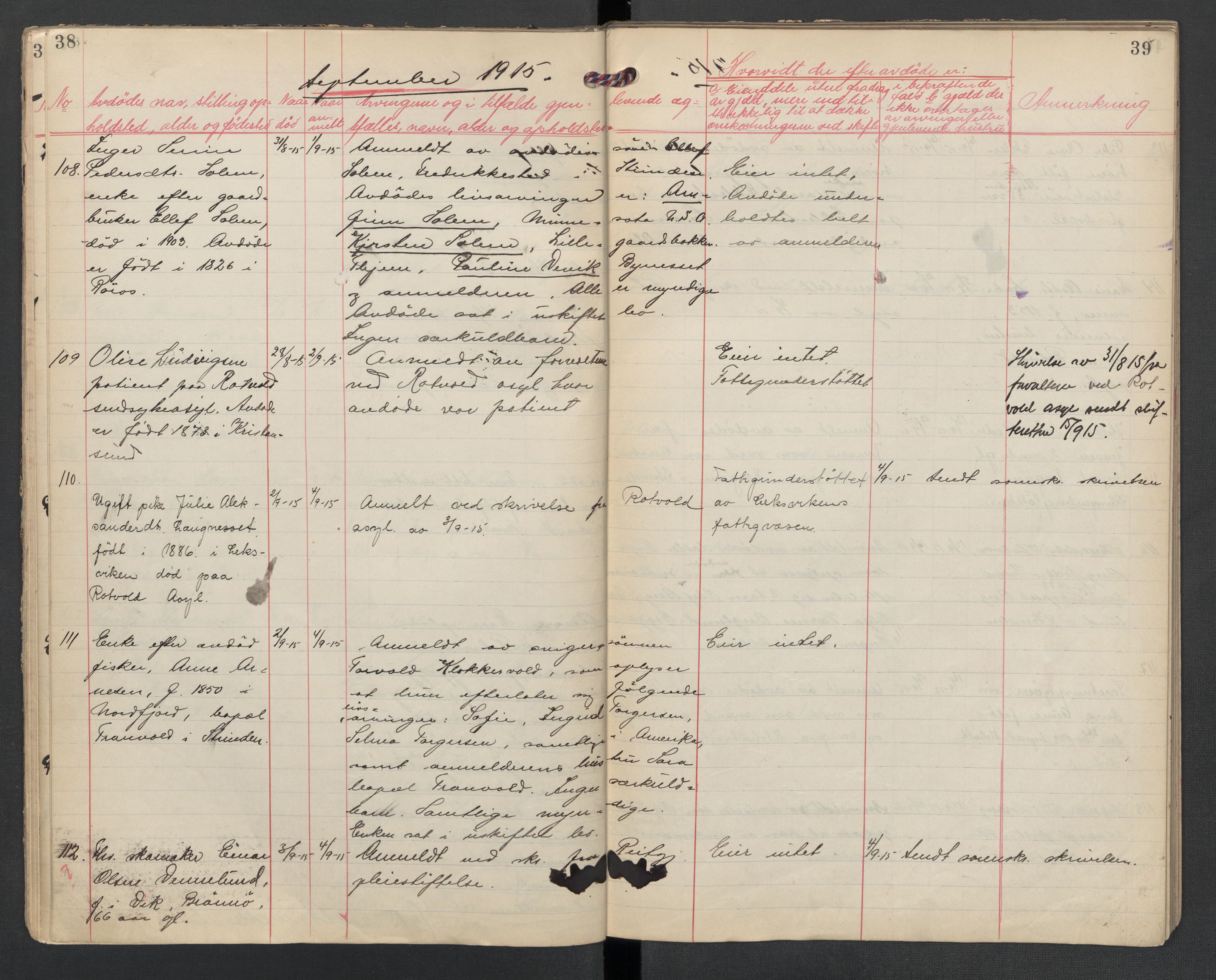 Strinda lensmannskontor, AV/SAT-A-1083/1/02/L0002: 2.01.02 Dødsfallsprotokoll, 1915-1918, s. 38-39