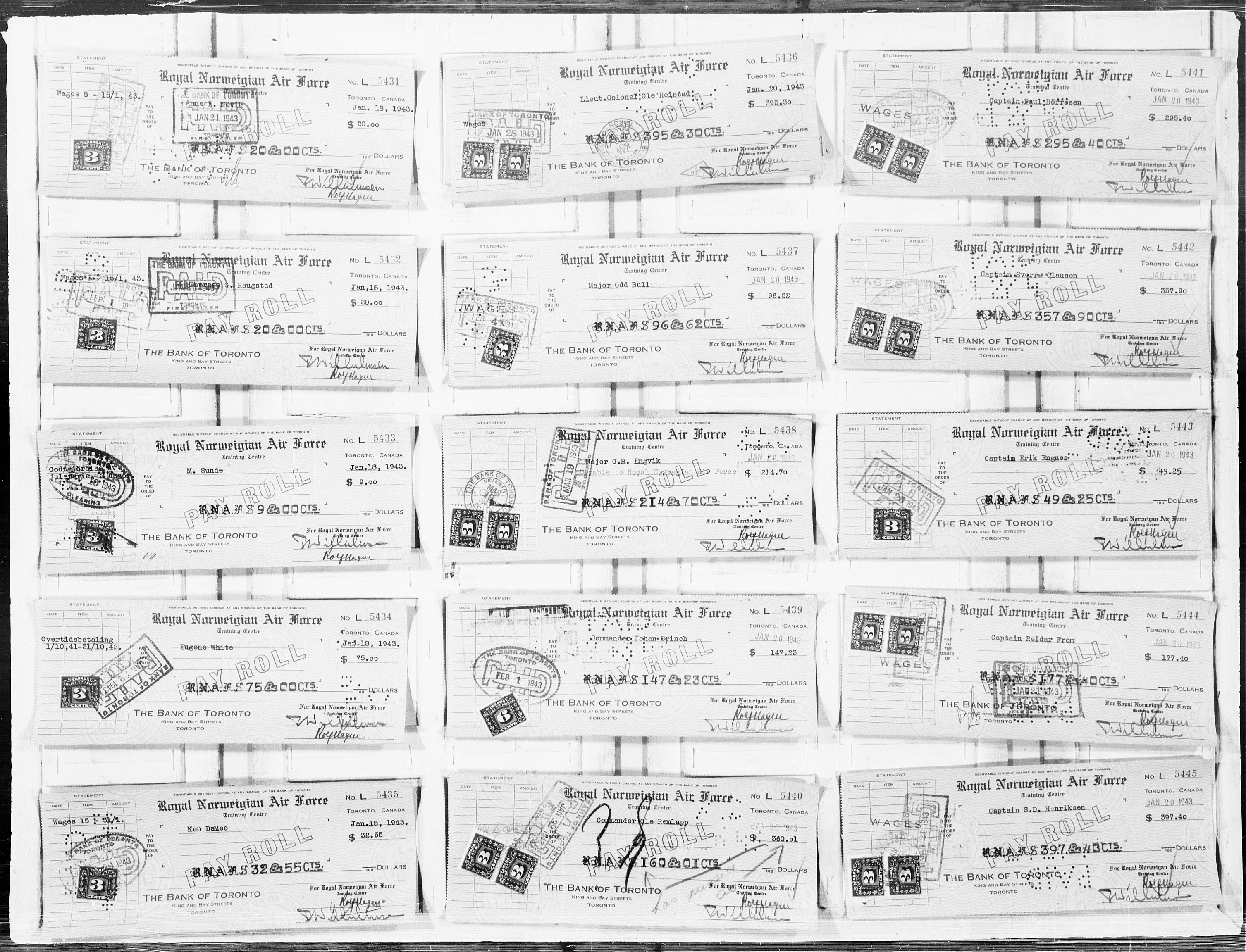 Forsvaret, Flyvåpnenes treningsleir 1940-1945, AV/RA-RAFA-3974/V/L0064: Sjekker.  F.T.L. lønningssjekker L-5 401 til L-10 900., 1940-1945