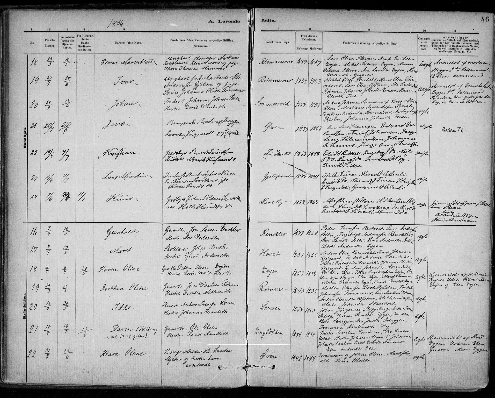Ministerialprotokoller, klokkerbøker og fødselsregistre - Sør-Trøndelag, SAT/A-1456/668/L0809: Ministerialbok nr. 668A09, 1881-1895, s. 46
