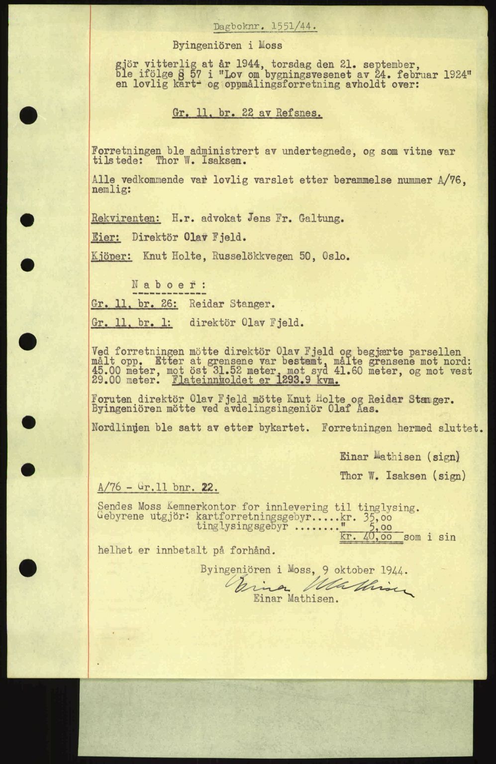 Moss sorenskriveri, SAO/A-10168: Pantebok nr. A13, 1944-1945, Dagboknr: 1551/1944