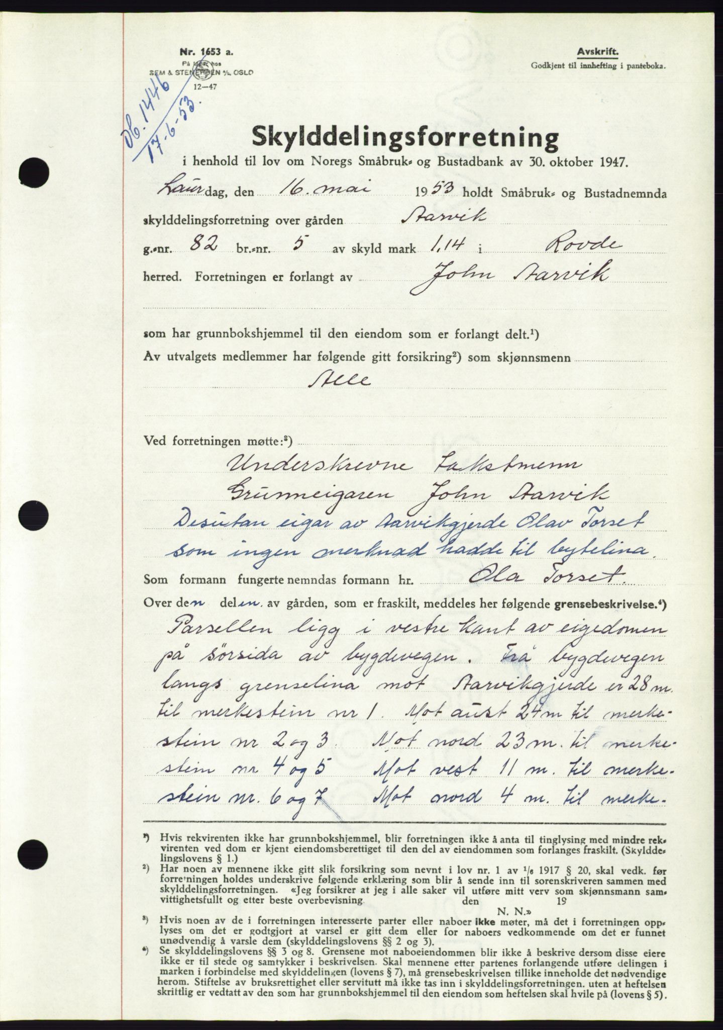 Søre Sunnmøre sorenskriveri, AV/SAT-A-4122/1/2/2C/L0095: Pantebok nr. 21A, 1953-1953, Dagboknr: 1446/1953